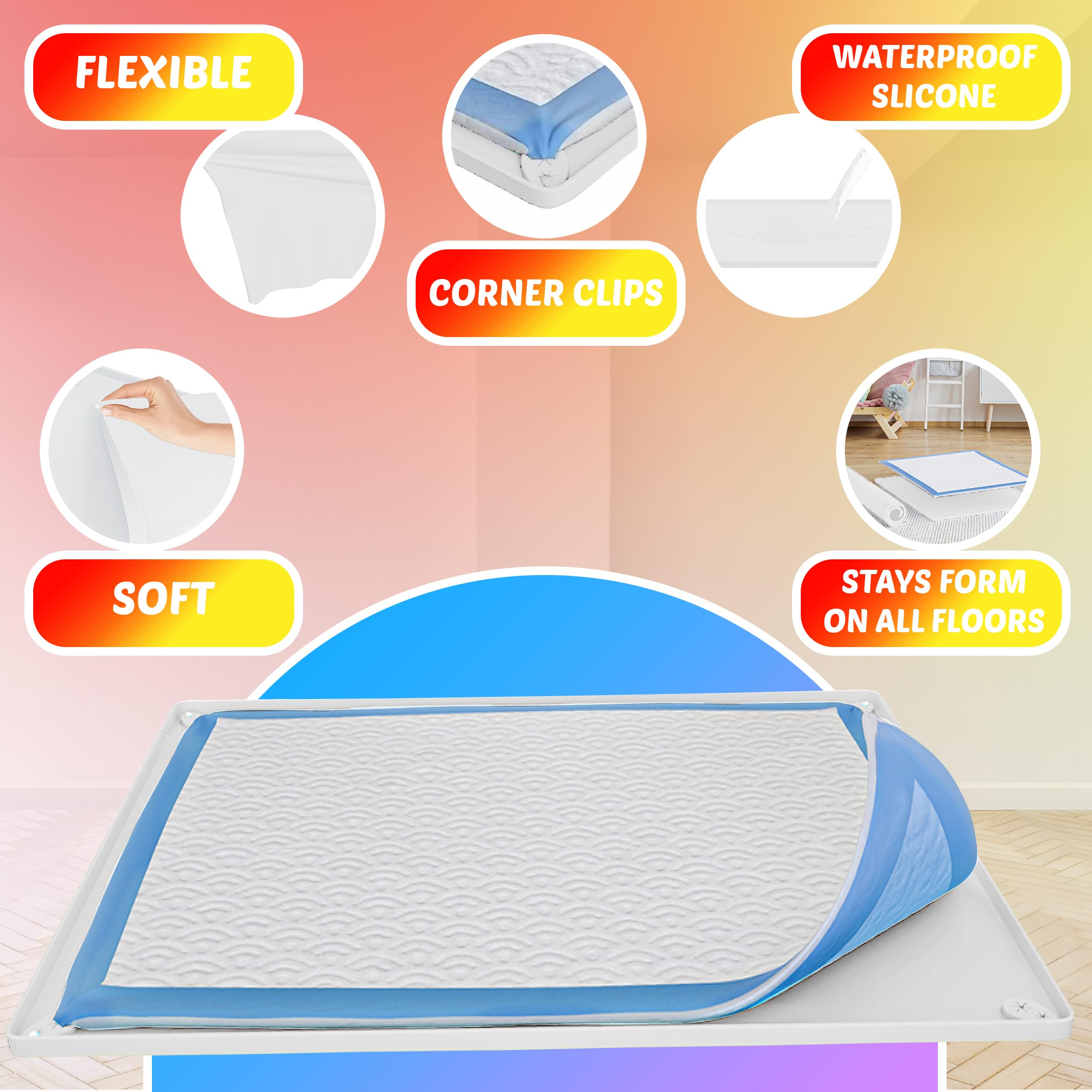 Skywin Dog Pee Pad Holder for 28 x 34 Inch Puppy Training Pads - Non-Slip Silicone Wee Wee Pad Tray with No Spill Design - Easy to Clean & Store Pet Potty Training Accessories (White) - Perfect for Puppy Housebreaking, Crate Training & Indoor Pet Bathroom Use