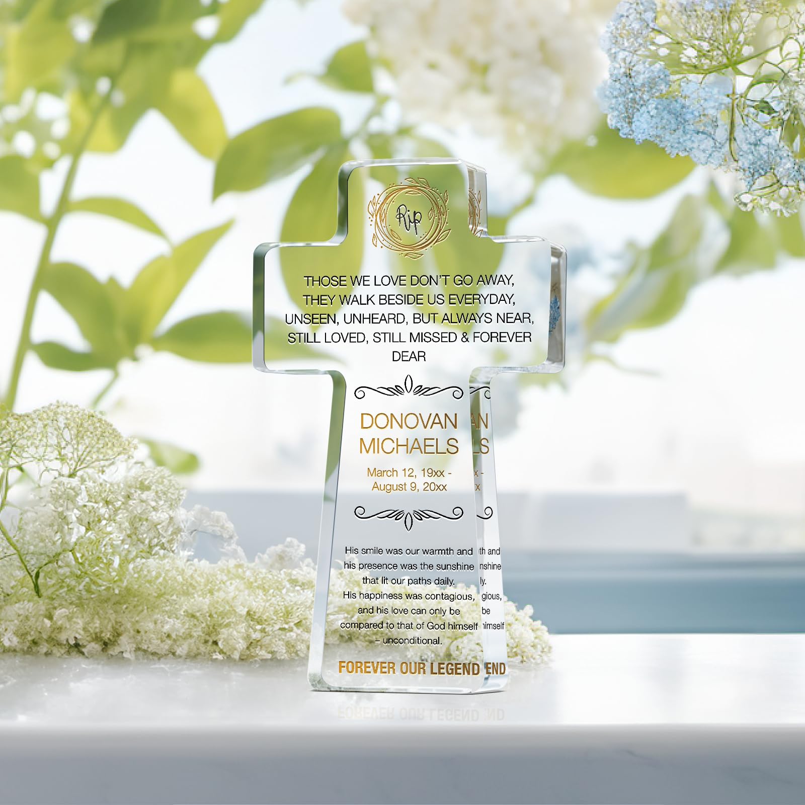 Personalized Crystal Standing Cross Memorial Gift - Sympathy Gift for Loss of Father, Brother or Husband - 10 Inch Religious Bereavement Keepsake - Perfect for Funerals, Memorial Services & Home Remembrance