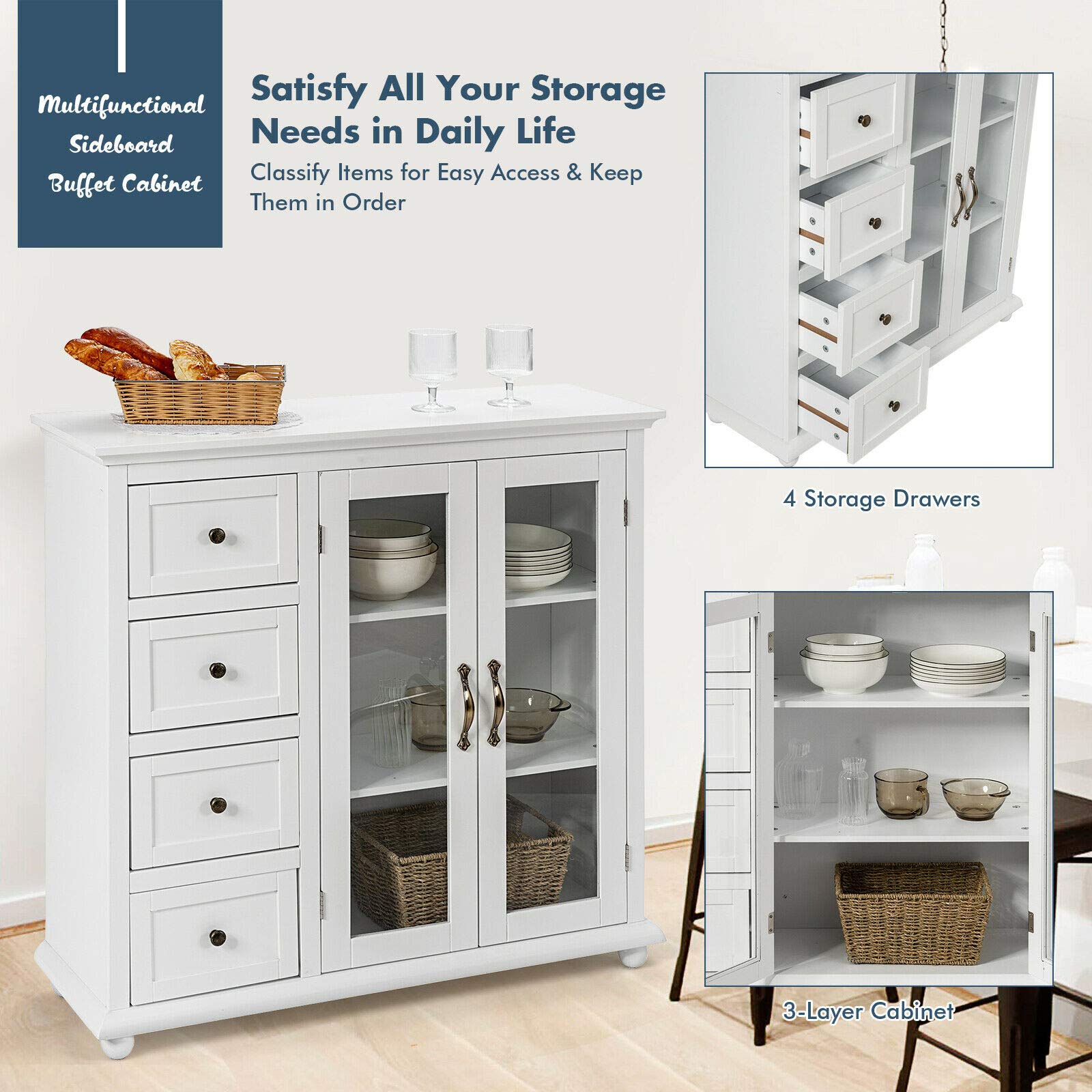 Modern Elegant Buffet Sideboard Table - White Wood Cabinet with 4 Drawers & 3-Tier Storage - Durable Sturdy Construction - Perfect for Dining Room, Living Room, or Entryway Storage Solution