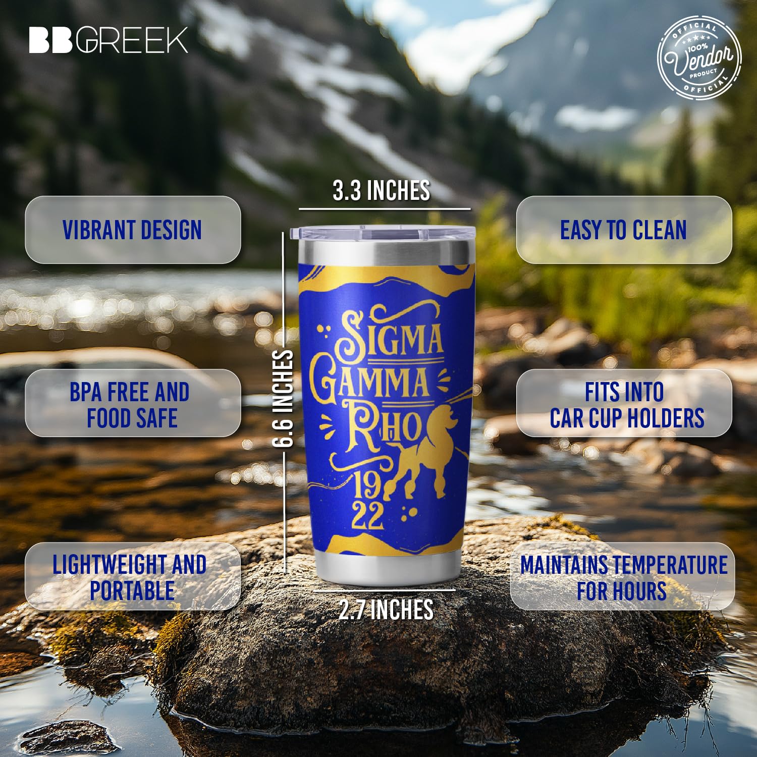 BBGreek Sigma Gamma Rho 20 oz Stainless Steel Insulated Tumbler - SGRho 1922 Sorority Cup with Lid & Straw - Perfect for Sisterhood Events, College Parties & Greek Life Accessories
