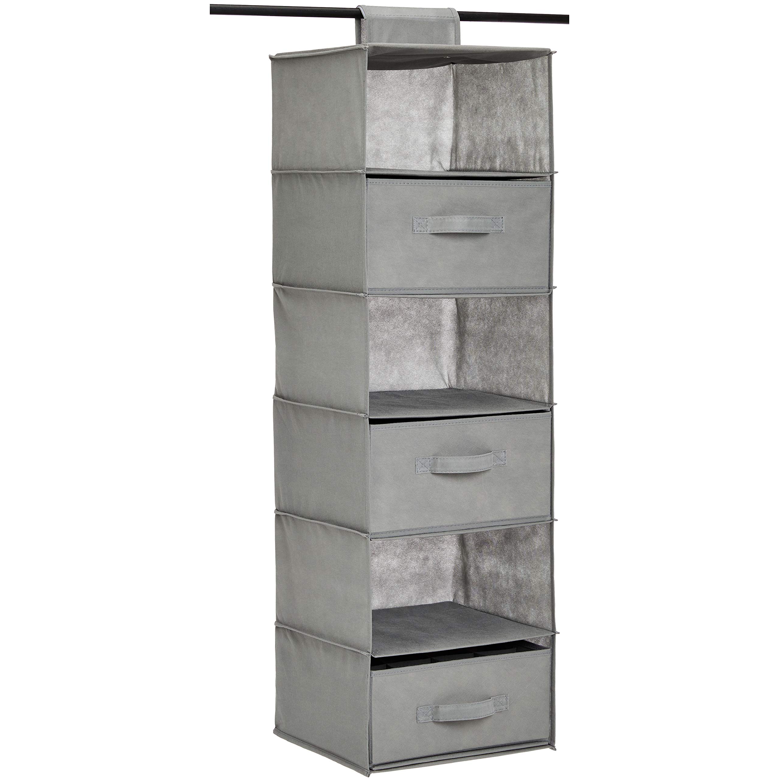 Amazon Basics 6-Tier Hanging Closet Organizer with Removable Drawers - Space Saving Storage Shelf for Bedroom, Bathroom & Closet - Grey, 6.9