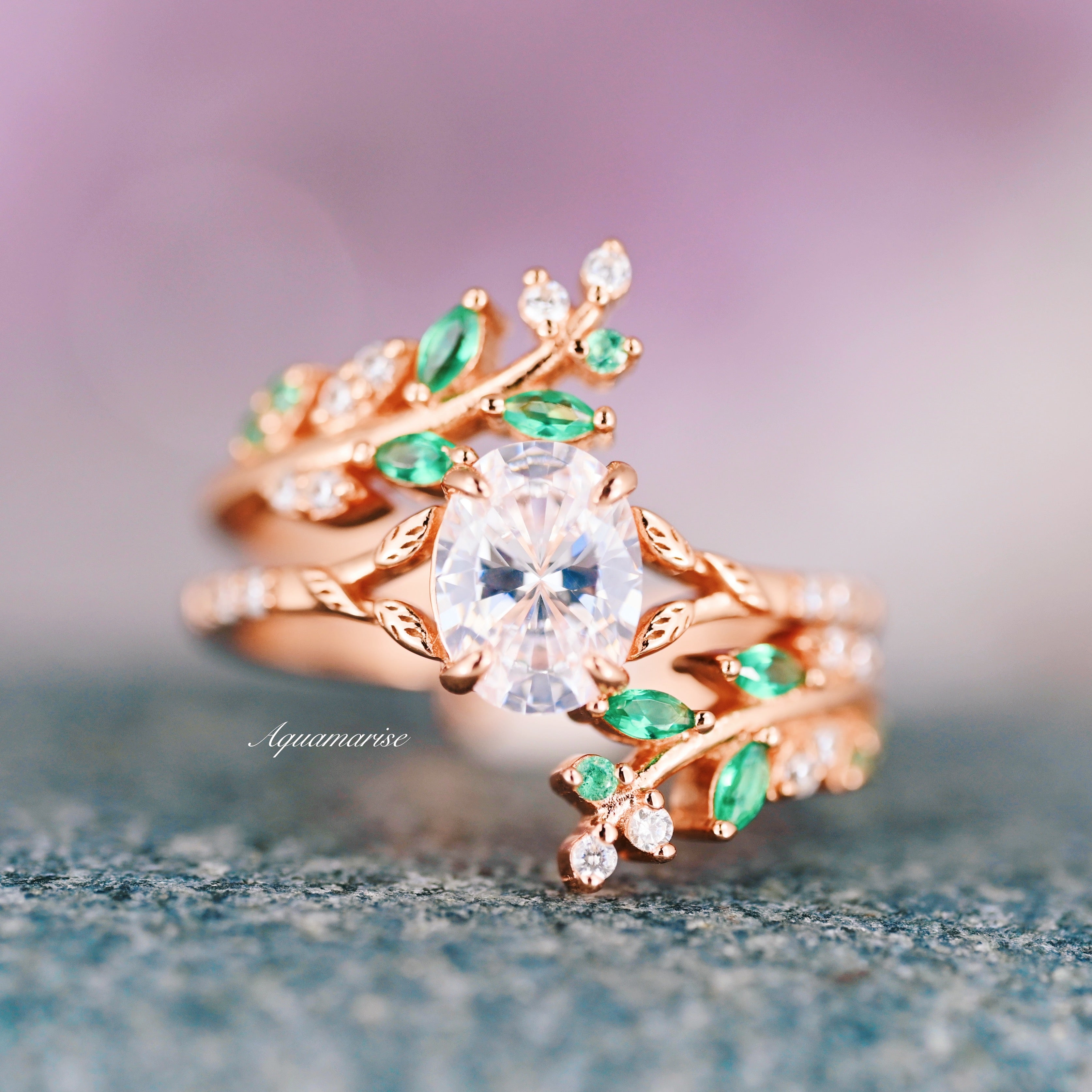 IGI Certified 14K Solid Rose Gold Lab Grown Diamond & Emerald Leaf Ring Set - Perfect for Weddings, Anniversaries & Gift Giving