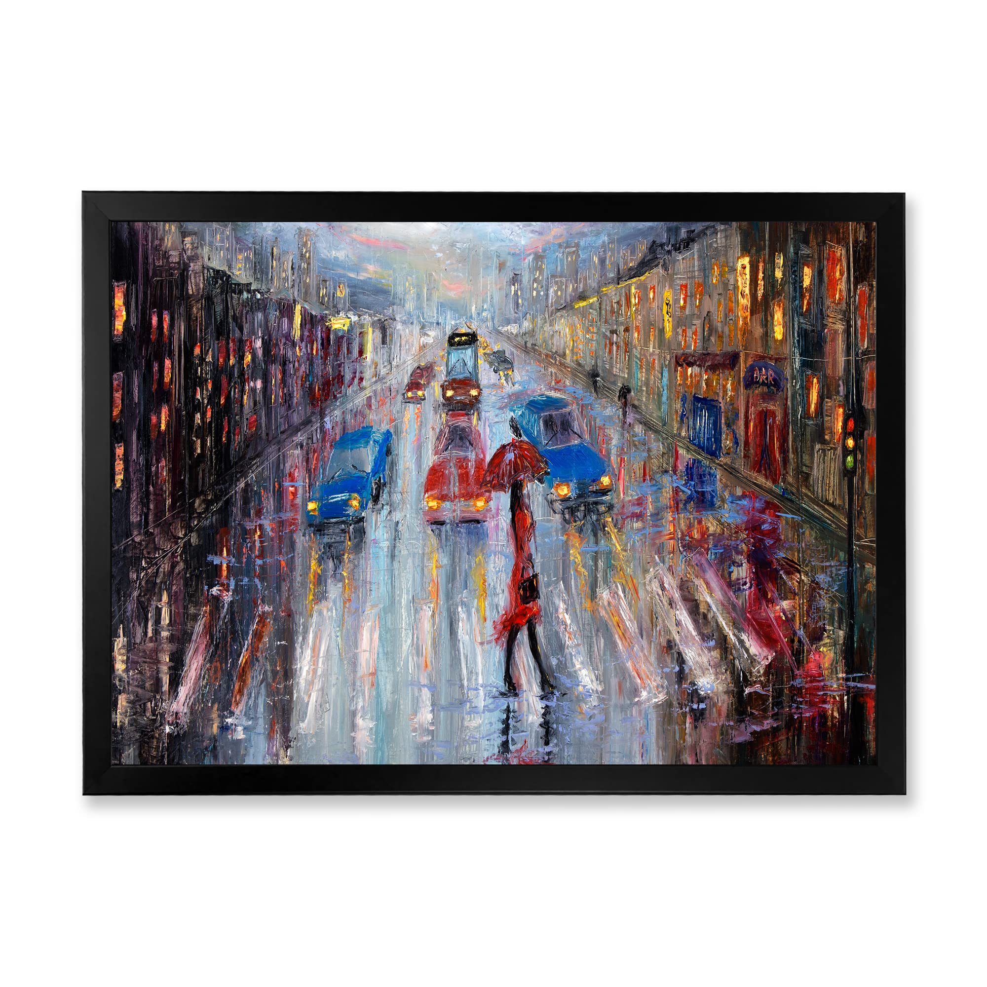 DesignQ Woman In Red Crossing The Street Traditional Framed Wall Art - Vintage Home Decor for Living Room, Bedroom & Office