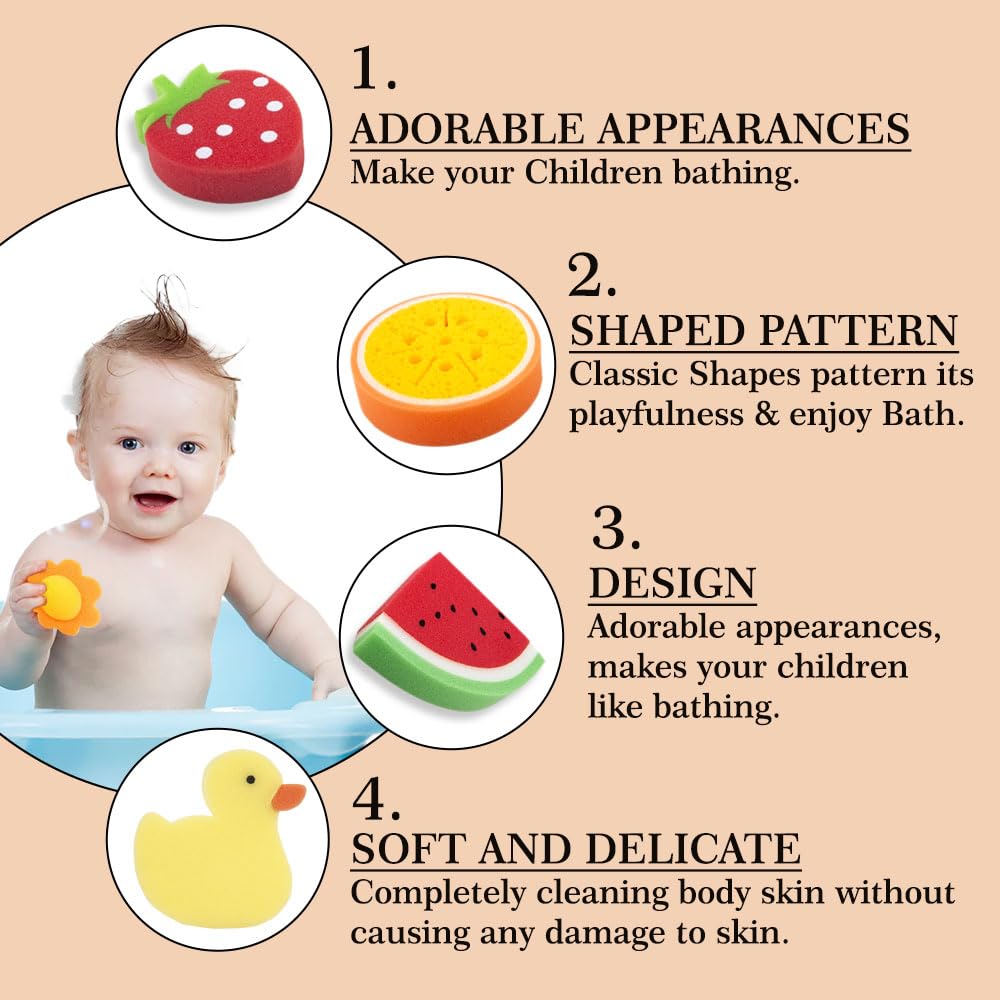 BabyMoo Sliced Fruit Shaped Bath Sponge - 2 Pack Soft Cleaning Sponges for Babies 0-36 Months | Colorful, Gentle & Safe for Newborn & Toddler Bath Time, Shower & Sensitive Skin Care