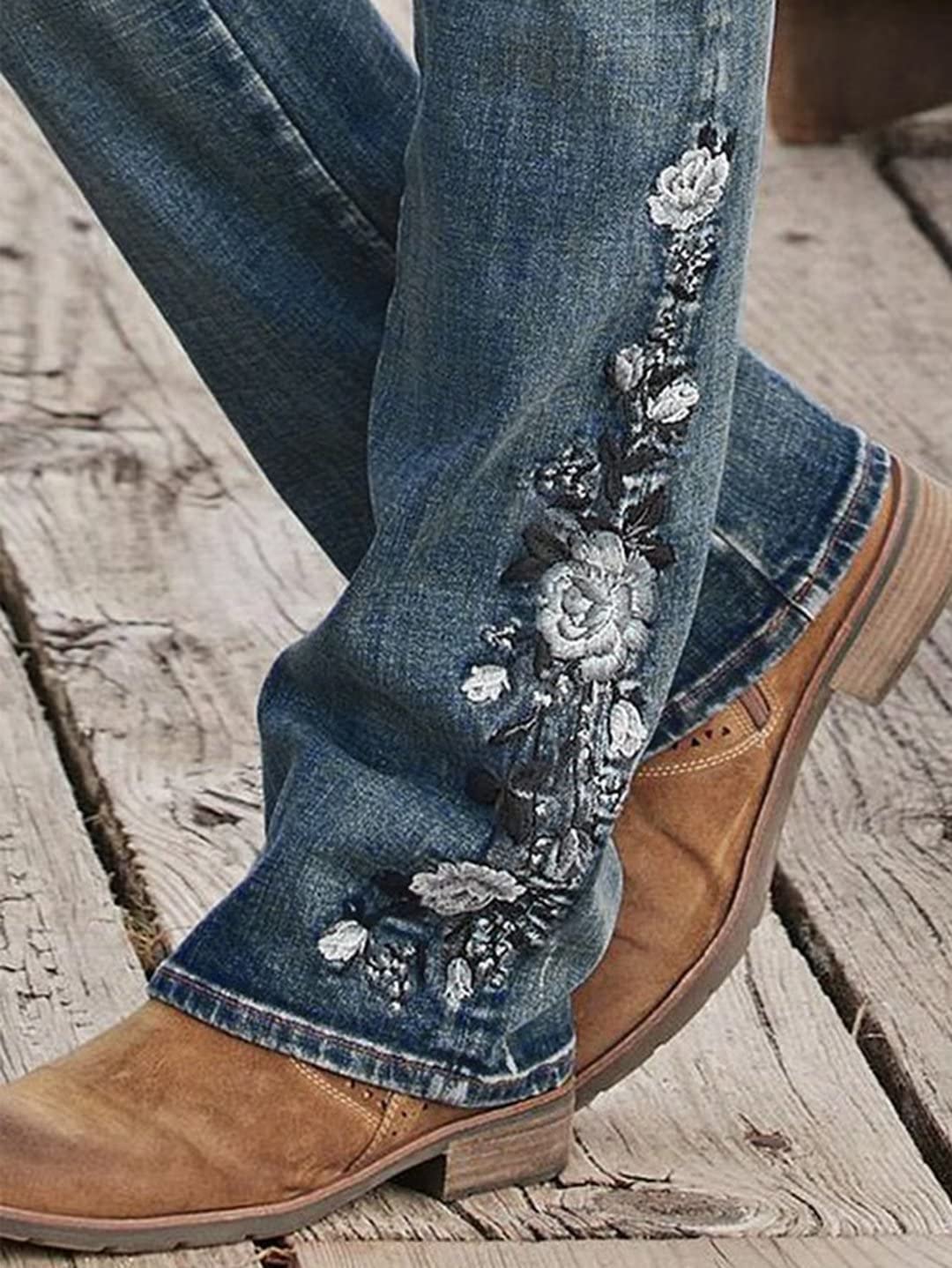 Flamingals Women's Floral Embroidery Bootcut Jeans - Mid Waist High Stretch Denim Pants with Pockets | Casual Wear, Office Outfits & Date Night Fashion