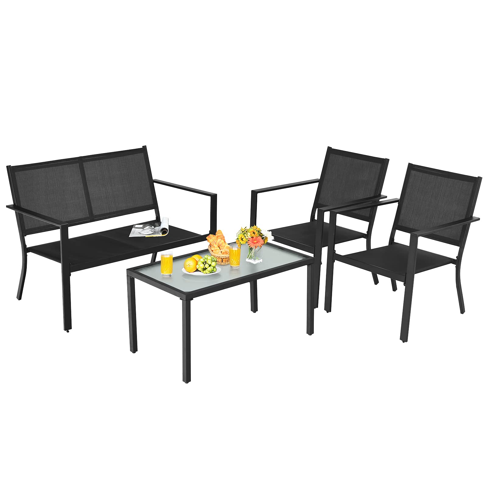 Giantex 4-Piece Patio Furniture Set - Outdoor Conversation Set with Loveseat Bench, 2 Chairs & Tempered Glass Coffee Table - Bistro Dining Set for Porch, Lawn, Garden, Poolside - Perfect for Backyard Relaxation, Outdoor Entertaining & Summer Gatherings