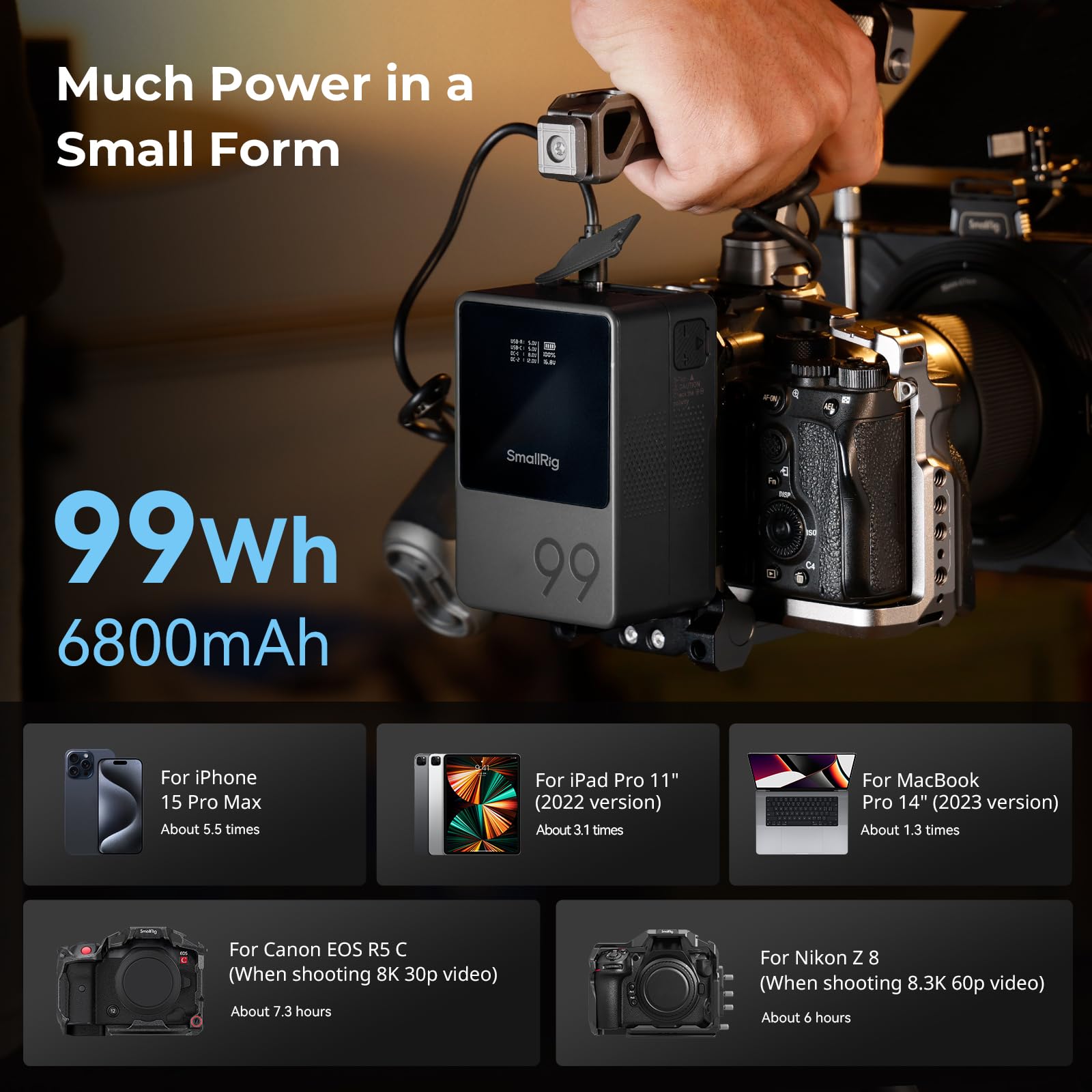 SmallRig VB99 V Mount Battery - 99Wh/6800mAh High Capacity Rechargeable Battery with 100W Output, Fast 2H Charging, USB-C/D-TAP/USB-A/Dual DC Ports & OLED Display - Compatible with DSLR Cameras, Camcorders, Monitors & Video Lights for Professional Photography & Videography