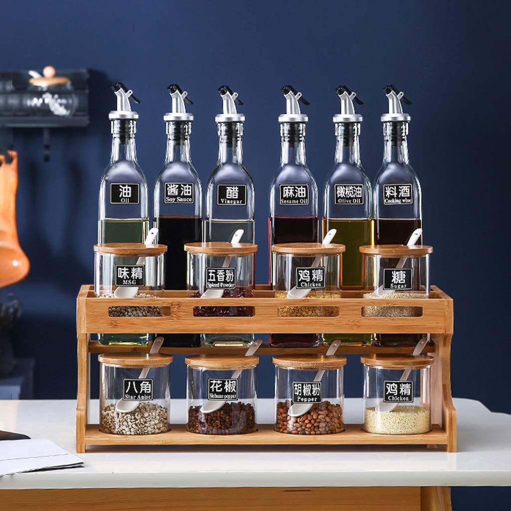 HUUBS 15-Piece Ceramic Spice Rack Set - Countertop Oil Salt Sauce Vinegar Storage Organizer with Glass Cruets - Perfect for Kitchen Counter Organization & Seasoning Display (Model B)