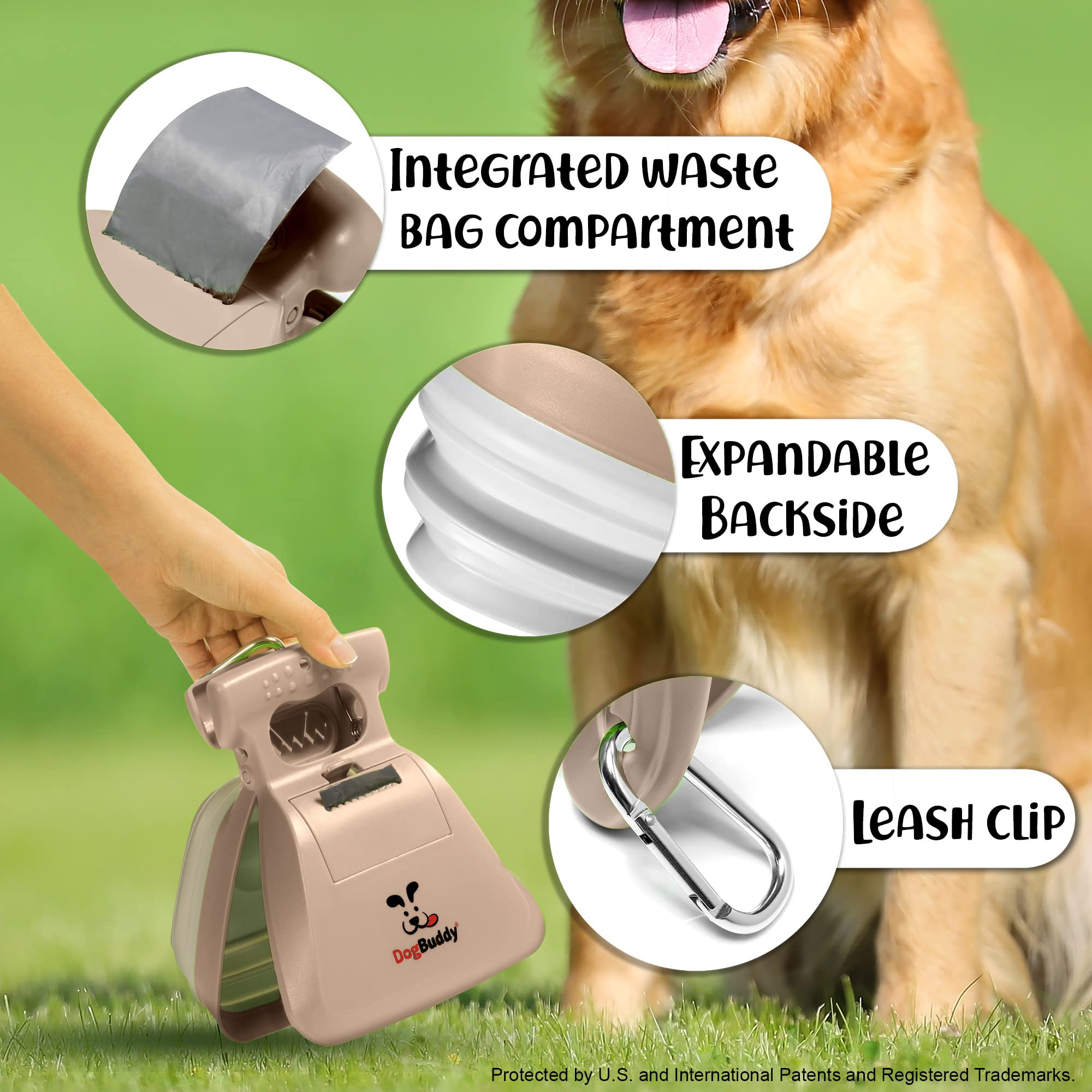 **DogBuddy Pooper Scooper for Small & Large Dogs - Portable Dog Waste Scoop with Bag Holder, Leash Clip & Included Waste Bags - Medium Taupe - Ideal for Backyard, Park & Travel Cleanup**