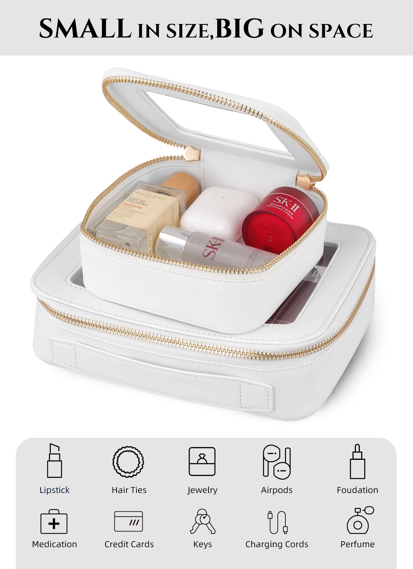 Mini Clear Makeup Bag - White Leather Travel Cosmetic Pouch for Women, Small Waterproof Toiletry Organizer with Zipper for Purse, Backpack & School Supplies - Perfect for Daily Use, Travel Essentials & On-the-Go Organization
