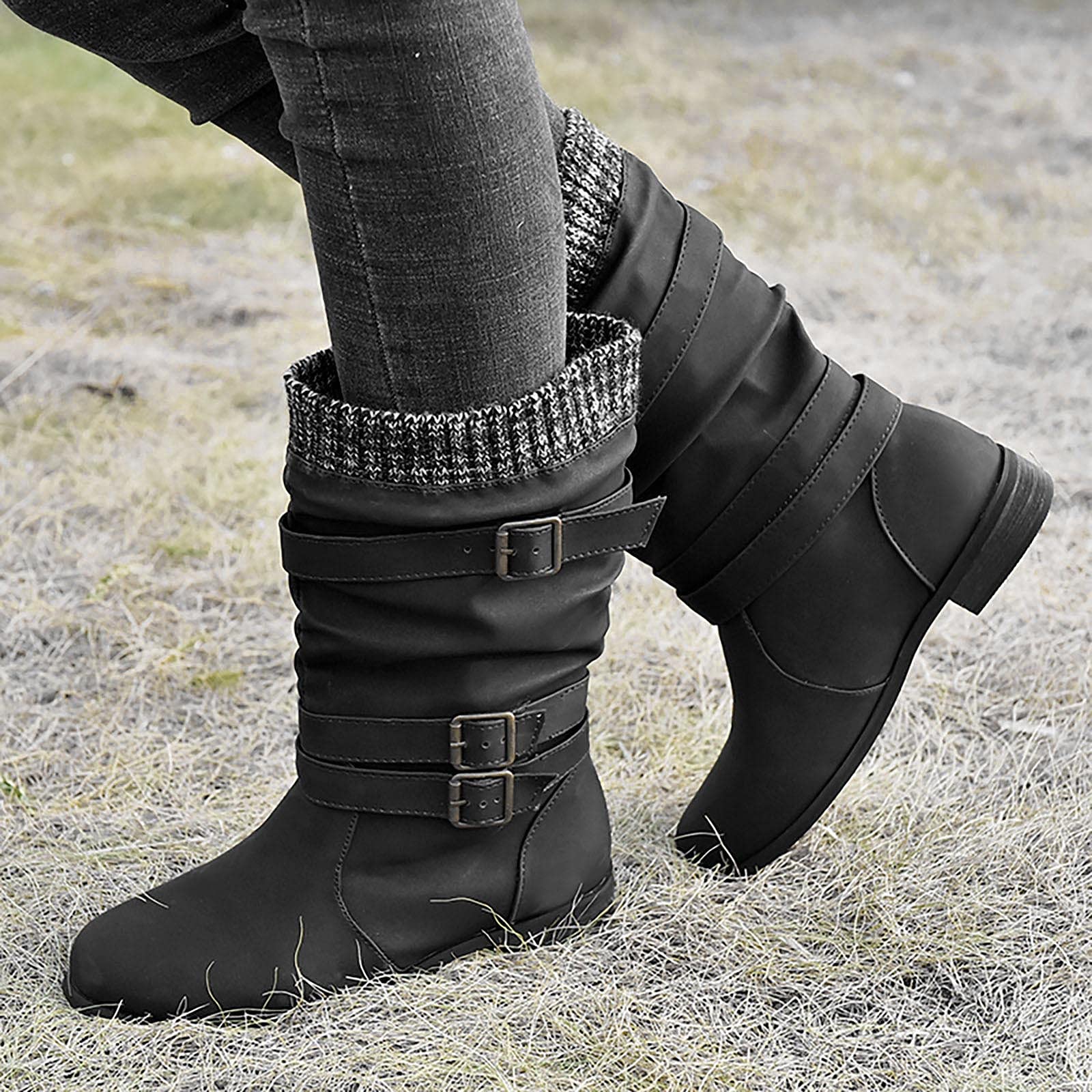Oiangi Women's Winter Boots - Round Toe Buckle Strap Chunky Heel Slip-On Mid Calf Boots | Retro Comfortable Casual Ladies Footwear | Perfect for Cold Weather, Office Wear & Holiday Outfits