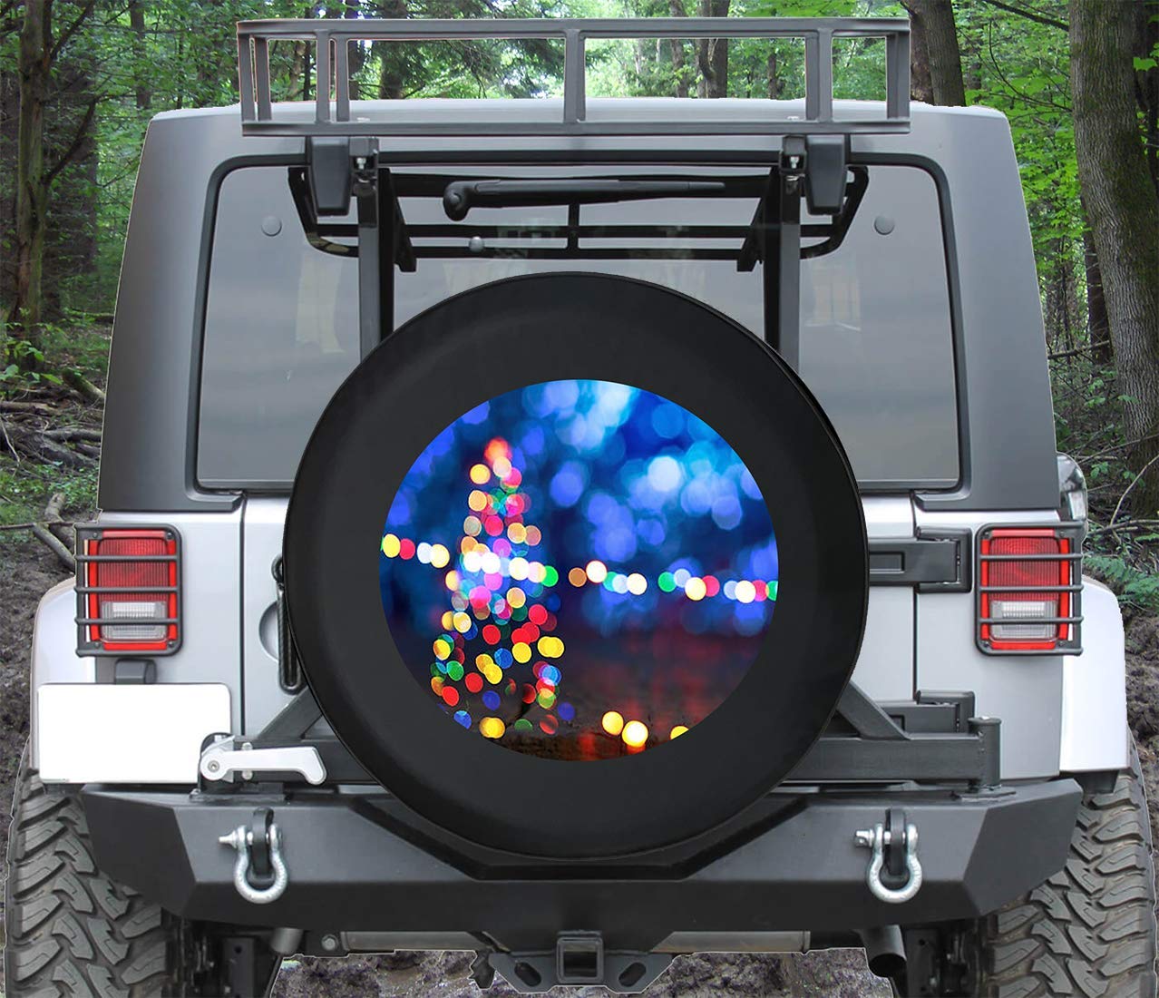 Universal 33 Inch Black Spare Tire Cover with Colorful Christmas Lights - Waterproof & Durable for SUVs, Trucks, Jeeps - Perfect for Holiday Road Trips & Festive Car Decor