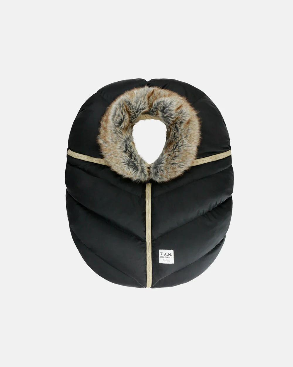 7 A.M Car Seat Cocoon Tundra - Black Faux Fur Baby Car Seat Cover for Winter Warmth & Comfort | Perfect for Cold Weather, Stroller & Infant Car Seat Protection