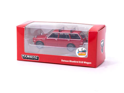 Tarmac Works 1:64 Scale Nissan Datsun Bluebird 510 Wagon Diecast Model Car - Red with Bicycle & Roof Rack - Perfect for Collectors, Display, and Toy Car Racing Scenes