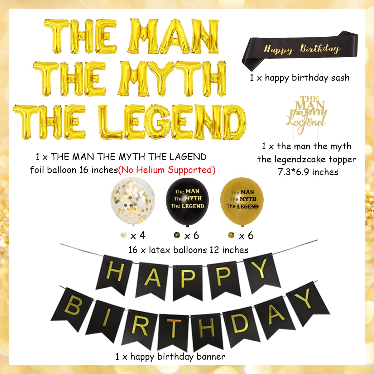 The Man The Myth The Legend Birthday Party Decorations Set - Black & Gold Banner, Cake Topper & Balloons for Men's Birthday, Father's Day or Whiskey Themed Retirement Party | Perfect for Home, Office & Bar Celebrations