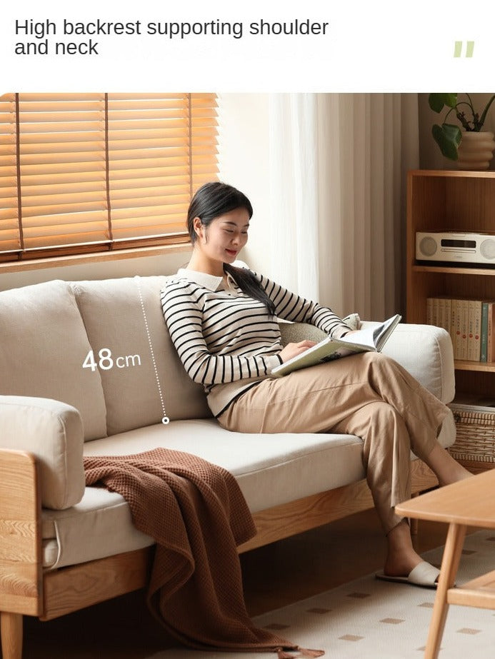 Oak Solid Wood Sofa Bed with Folding White Goose Feather Cushions - Convertible Sleeper for Small Spaces & Guest Rooms