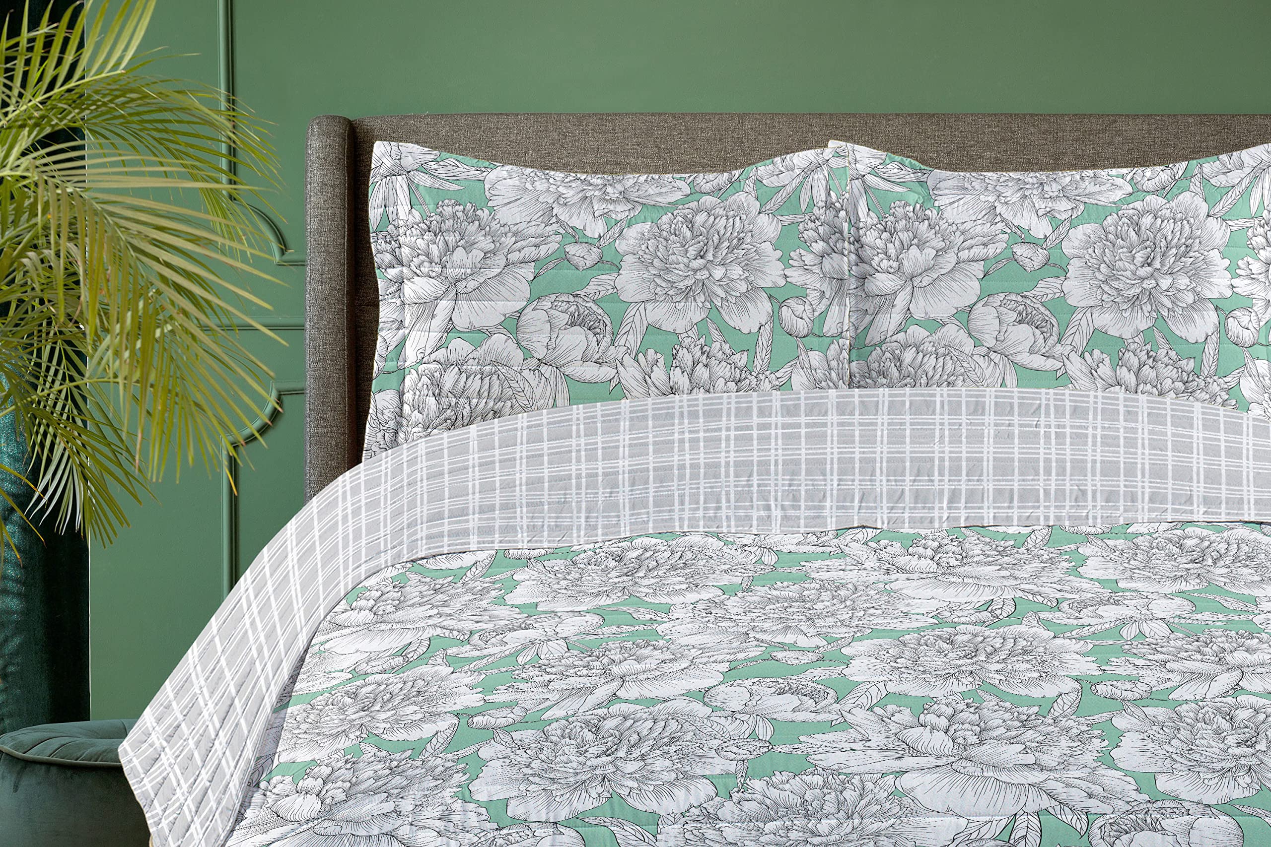 Ambesonne Floral Reversible King Size Bedspread Set with Pillow Shams - Hand Drawn Rose, Chamomile & Peonies Design on Microfiber Bedding - Almond Green - Perfect for Master Bedroom, Guest Room & Bohemian Home Decor
