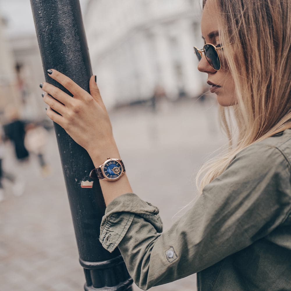 Aries Gold Blue Dial Women's Watch with Brown Leather Strap - L 9023 RG BU - Elegant Timepiece for Office, Party & Everyday Wear