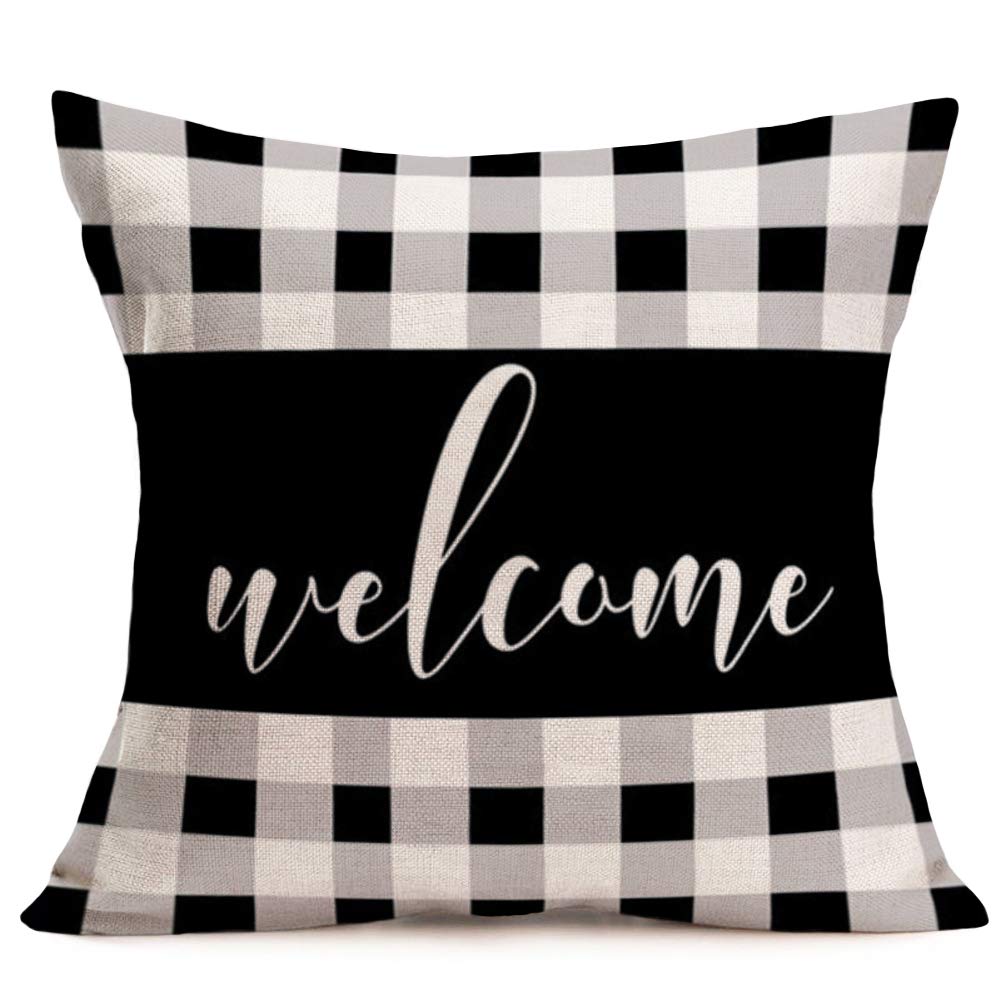 Smilyard 16x16 Inch Fall Buffalo Plaid Welcome Pillow Covers - Cotton Linen Farmhouse Cushion Case with Black and White Grid Design - Perfect for Sofa, Couch, Bedroom & Seasonal Home Decor