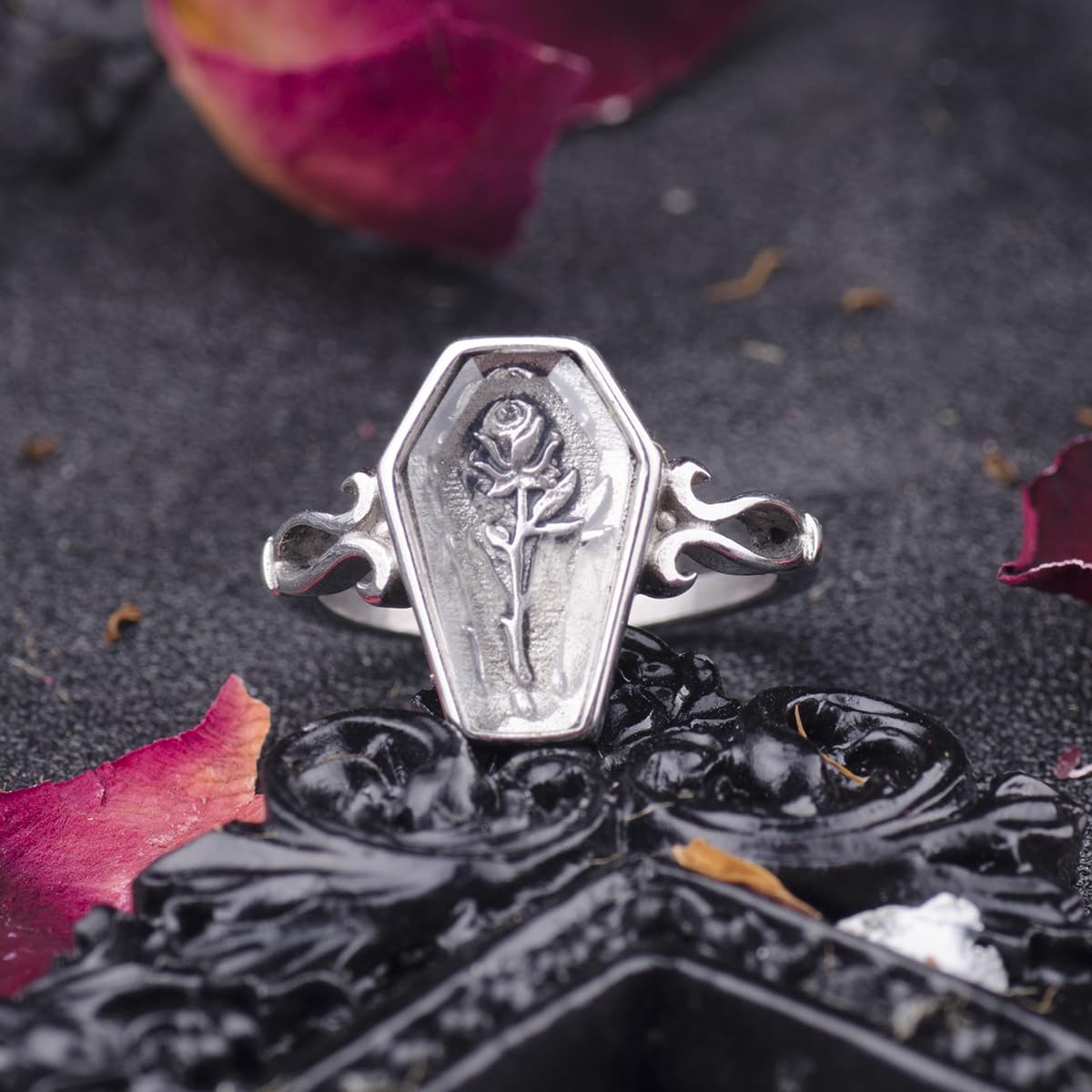 Stainless Steel Gold Rose Flower Coffin Ring with Cubic Zirconia - Unique Romantic Jewelry Gift for Women, Anniversary, Valentine's Day
