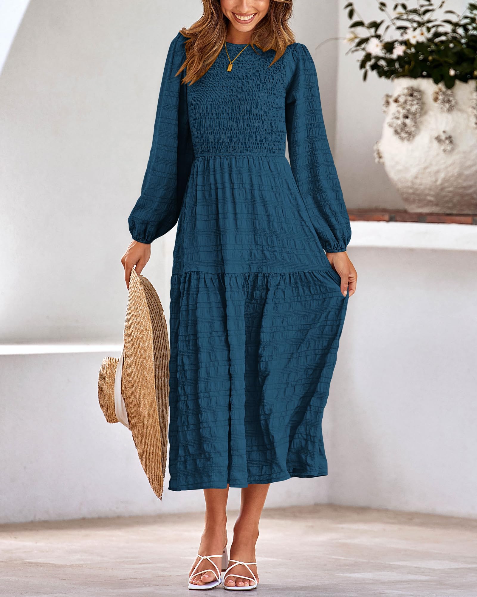 Dowerme Women's Boho Maxi Dress 2025 - Long Sleeve Crewneck Smocked Tiered A-Line Flowy Dress for Spring Wedding & Party | Perfect for Beach Vacations, Garden Parties & Special Occasions