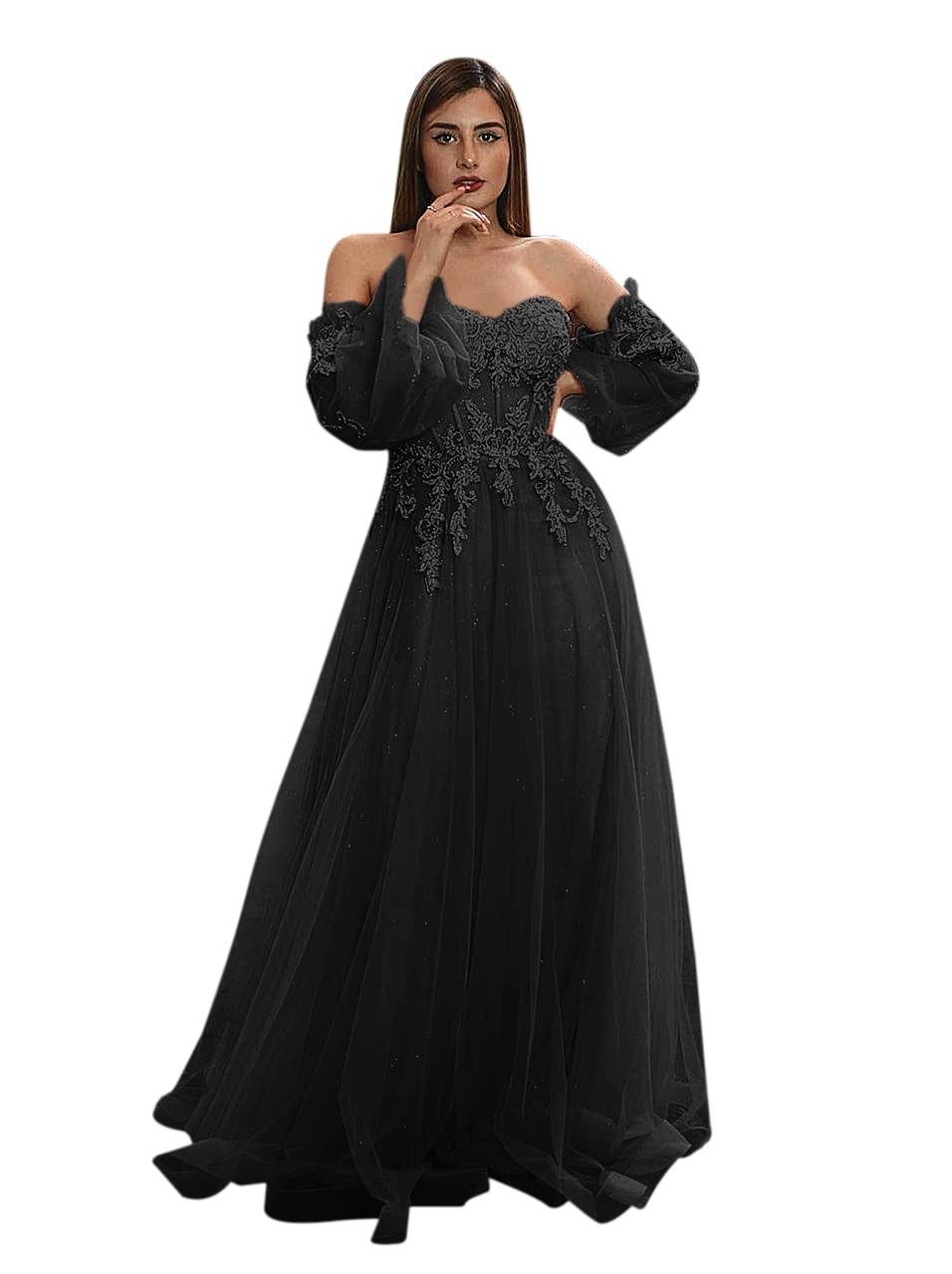 Andybridal Women's Off Shoulder Puffy Sleeve Prom Dress - Long Lace Applique Tulle A-Line Formal Evening Gown for Homecoming, Wedding Guest & Special Occasions