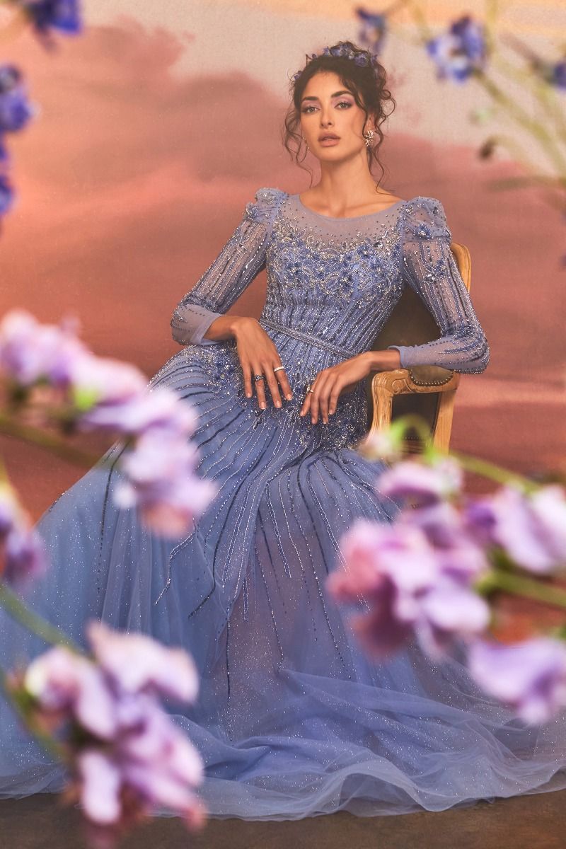 Azurite Blue Beaded Long Sleeve A-Line Evening Gown - Andrea & Leo Couture A1167 | Formal Wedding Guest Dress, Prom, Gala & Special Occasion Wear