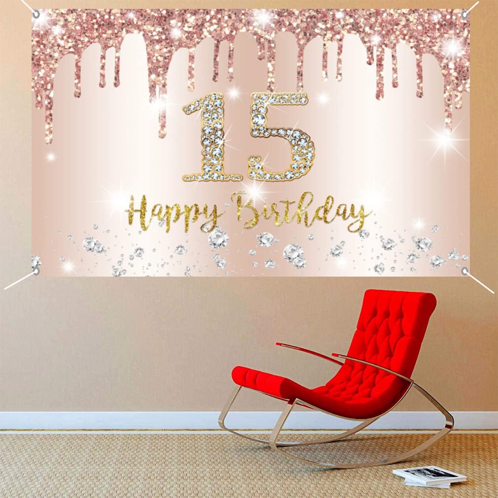 15th Birthday Decorations for Girls - Rose Gold Fabric Backdrop Banner, 59
