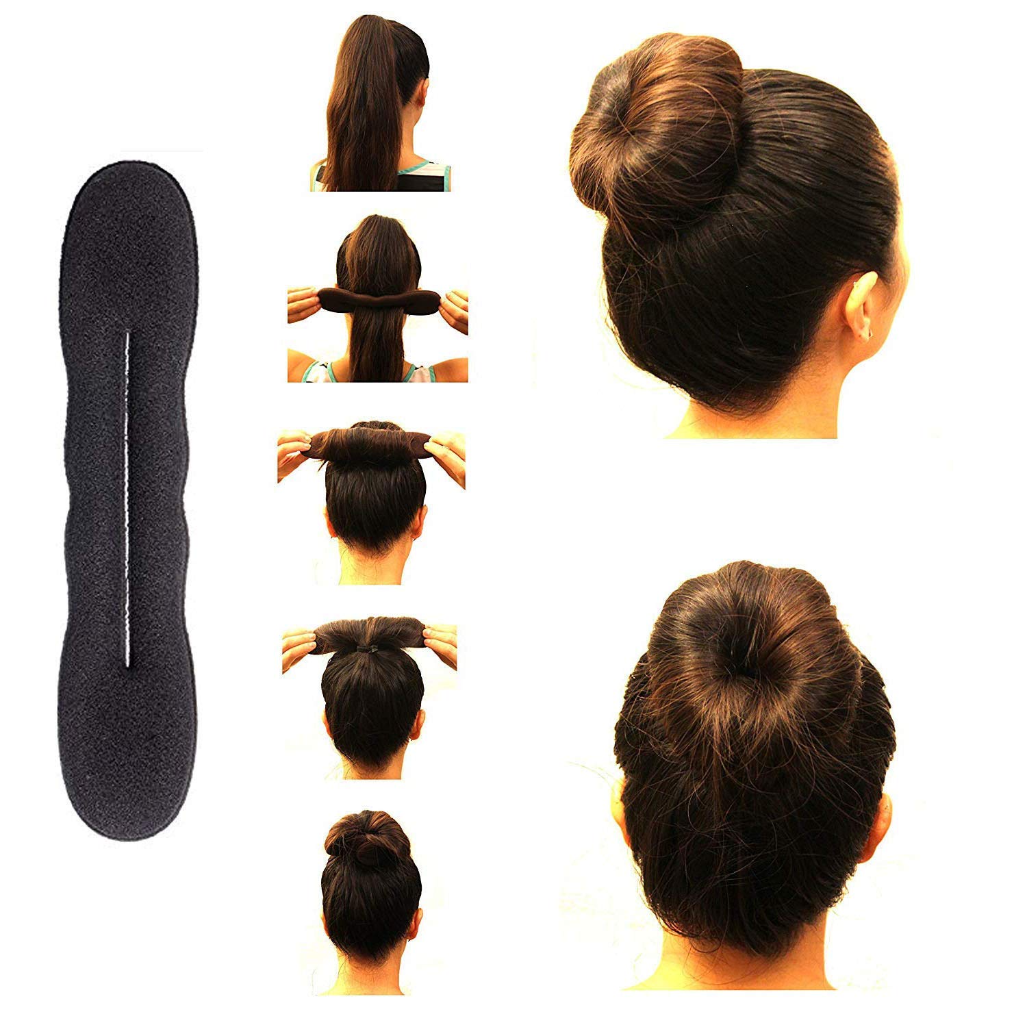 Ruchi Set of 4 Black Hair Donut Bun Maker - Magic Beauty Foam Sponge for Perfect Hairstyles - Great for Updos, Ponytails & Special Occasions