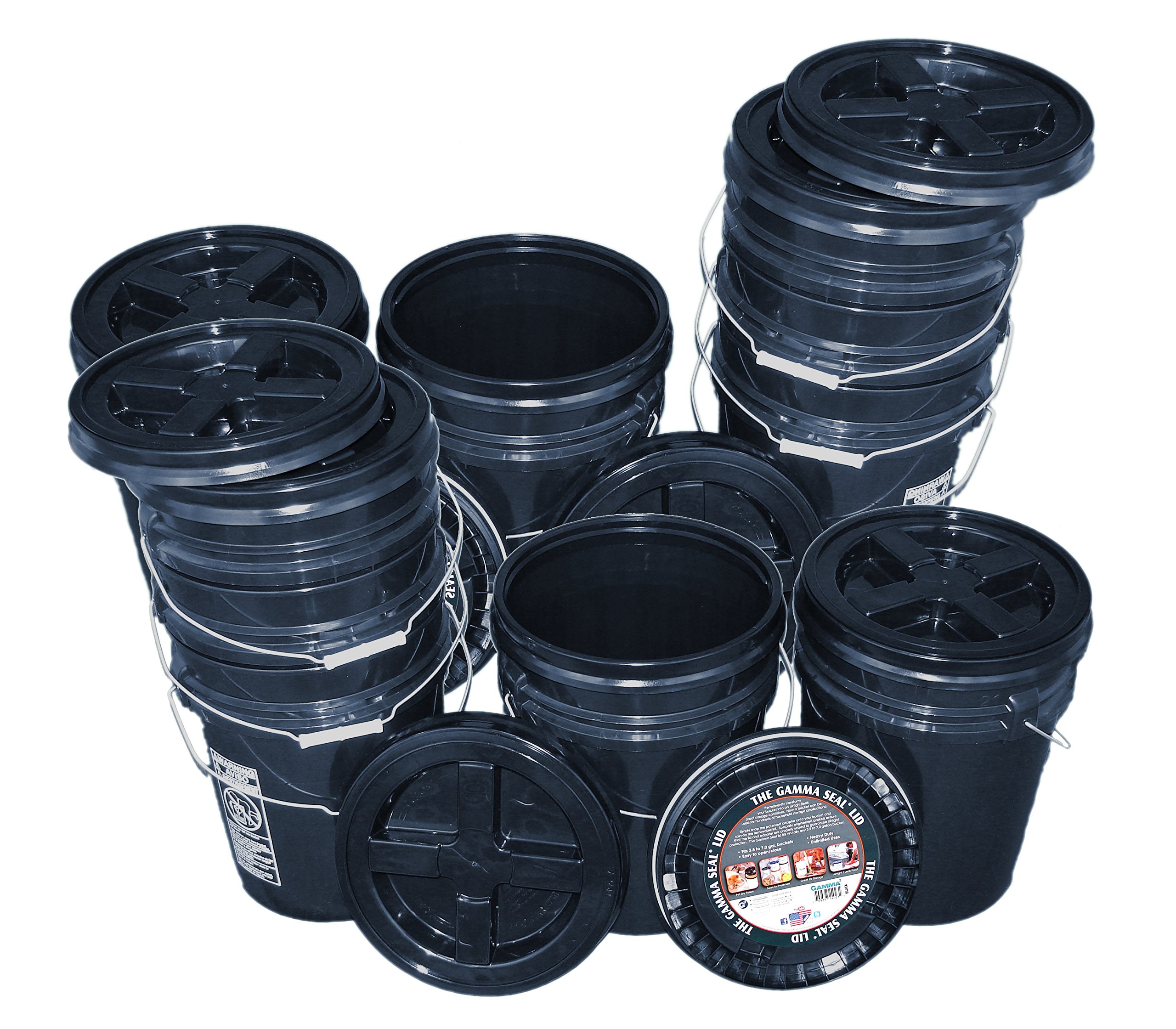 5 Gallon Black Bucket Kit with Gamma Seal Lids - 10 Pack Heavy Duty Storage Containers for Food, Paint, Construction & Home Organization