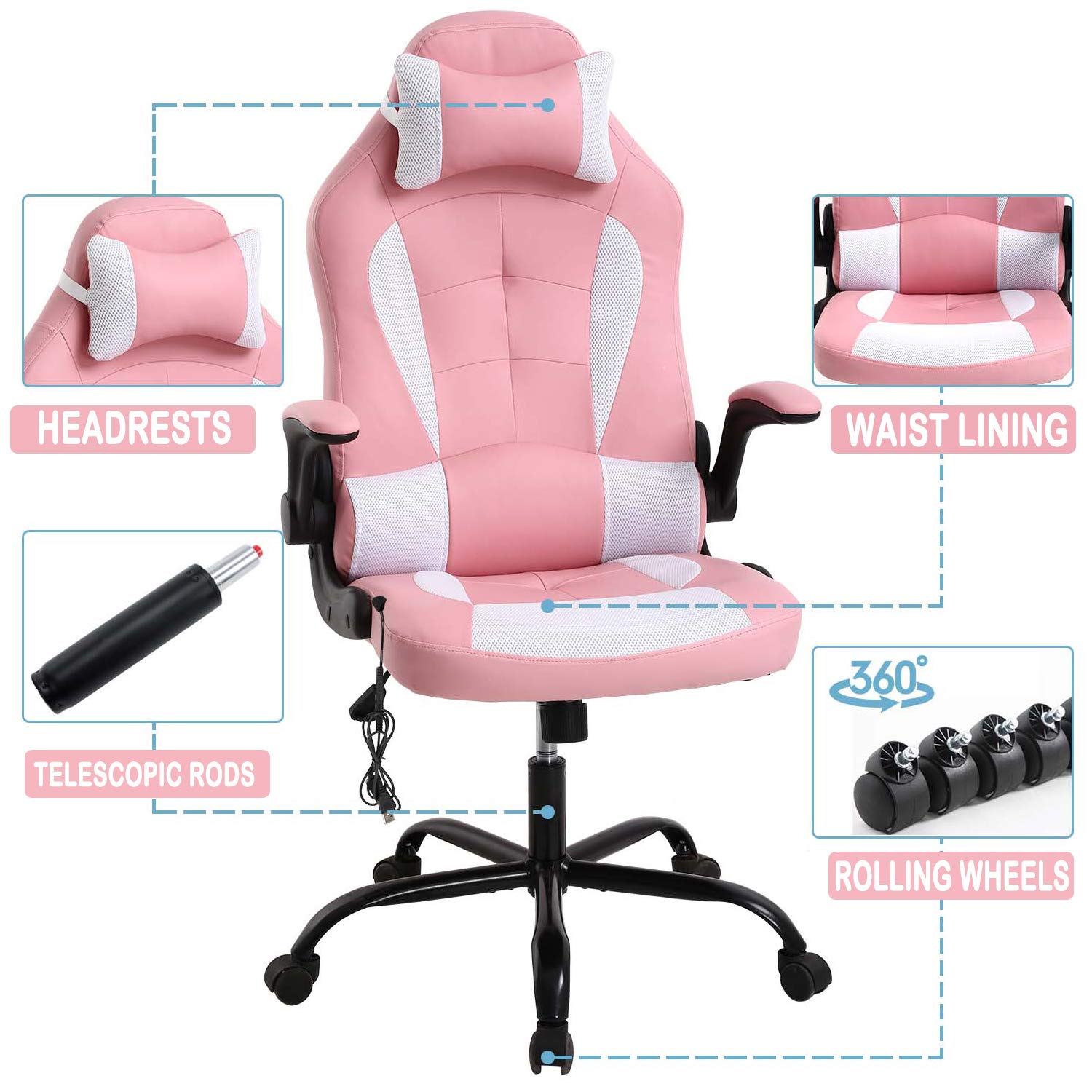Ergonomic Gaming Chair - High Back Racing Office Chair with Adjustable Height, PU Leather, Lumbar Support & Headrest - Pink Computer Desk Chair for Gamers & Home Office