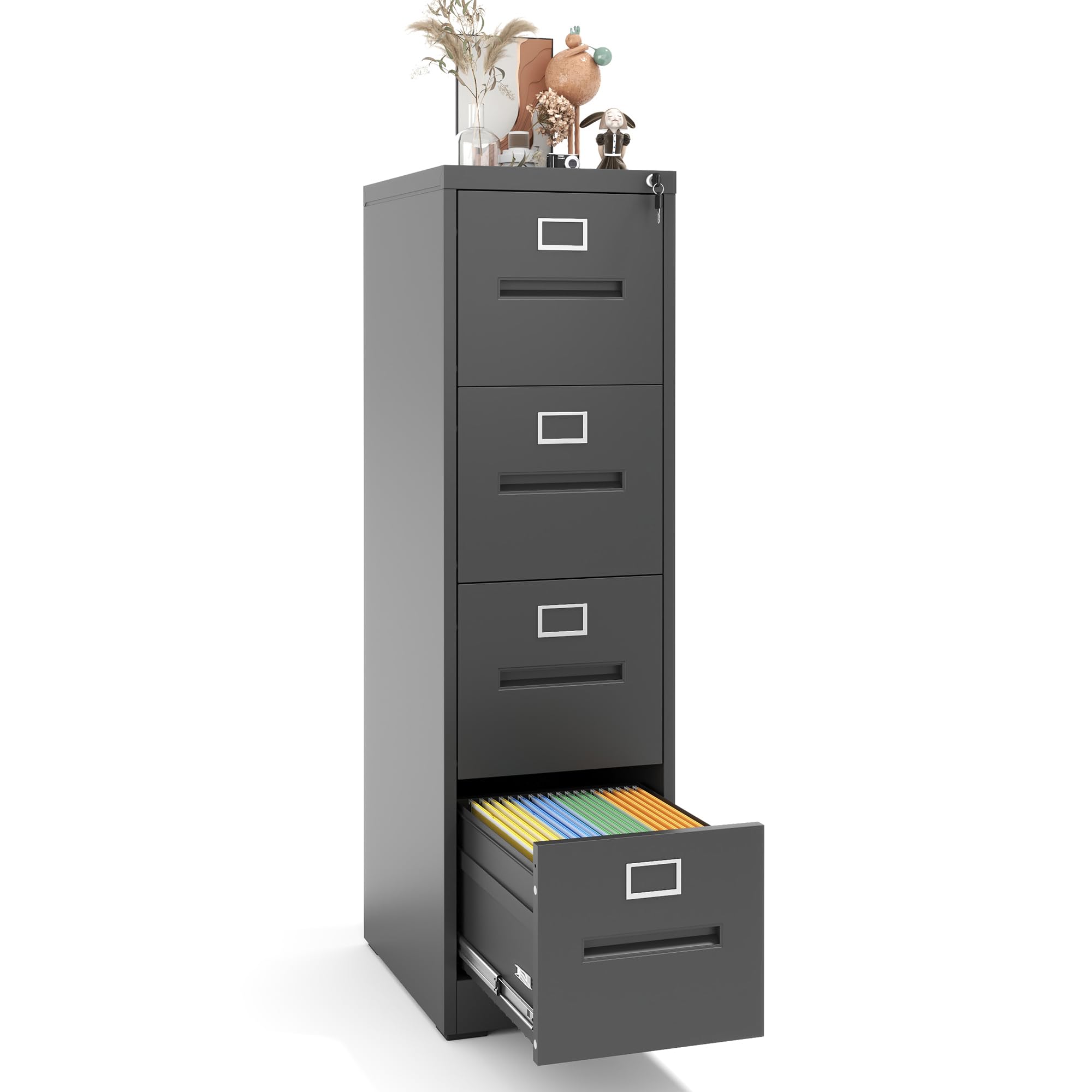 4 Drawer Black Metal File Cabinet - Vertical Locking Steel Filing Cabinet for Legal/Letter/A4/F4 Documents - Home Office Storage Solution - Easy to Assemble (Black) - Perfect for Organizing Office Files, Tax Records, and Important Documents