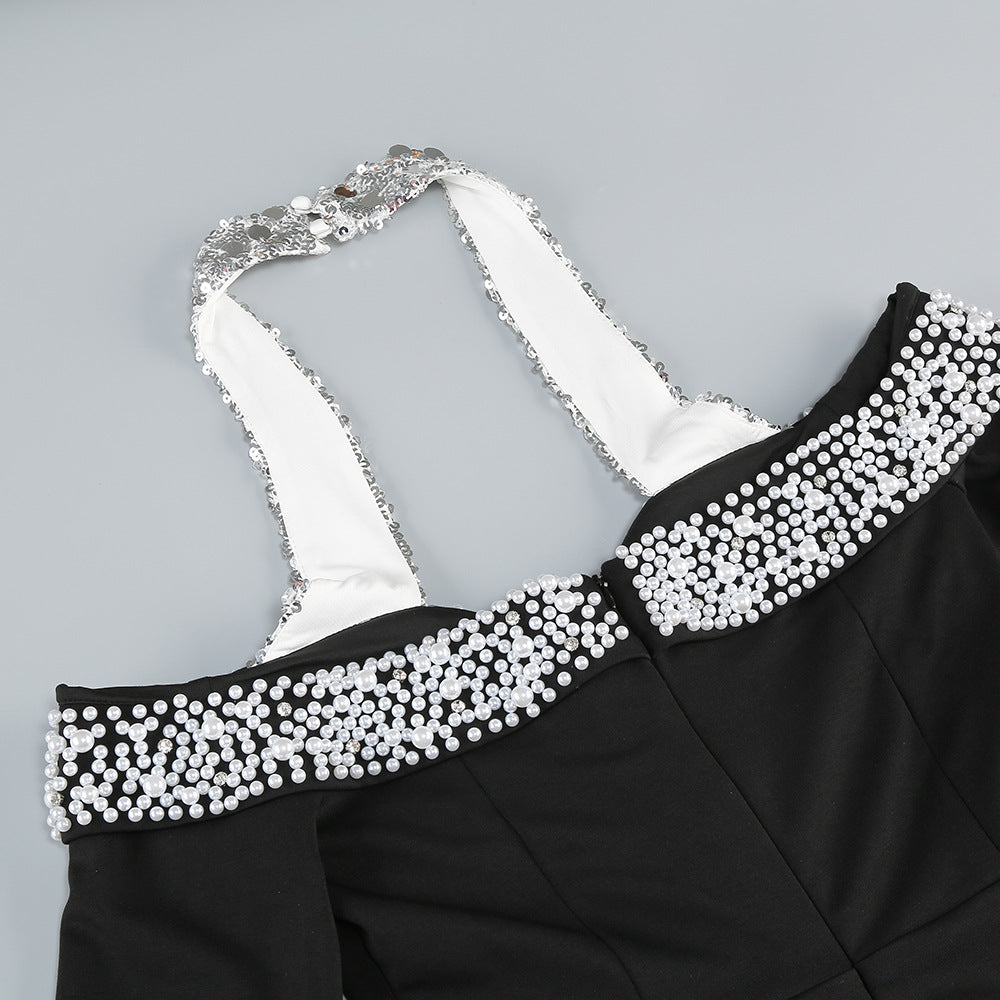 Elegant Black Halter Pearl Crystal Trim Gown for Women - Perfect for Evening Galas, Prom Nights & Formal Events