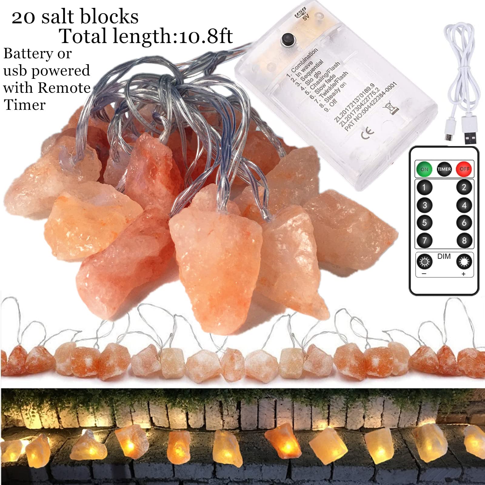 Himalayan Salt String Lights - 10.8 ft 20 LED Battery/USB Powered Natural Crystal Salt Lamps with Remote Control - Warm White Decorative Lighting for Indoor/Outdoor Halloween Christmas Wedding Party Decorations - Perfect for Bedroom, Garden, Patio and Holiday Events