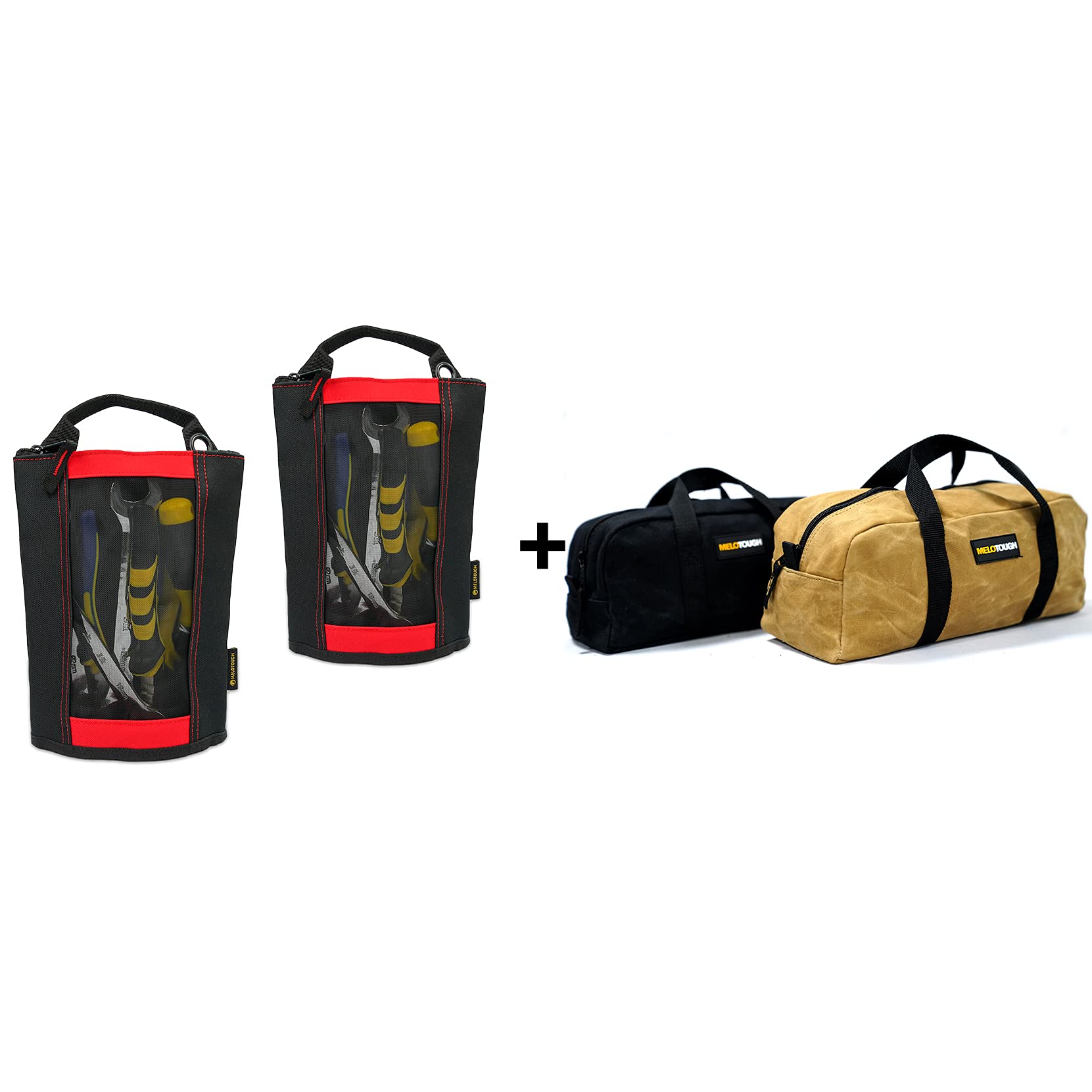 MELOTOUGH 2-Pack Heavy Duty Canvas Tool Bag Set with Zipper Closure - Waxed Canvas Utility Tote & Fastener Bag Combo (1 Medium + 1 Small) - Perfect for Electricians, Plumbers & DIY Home Improvement Projects