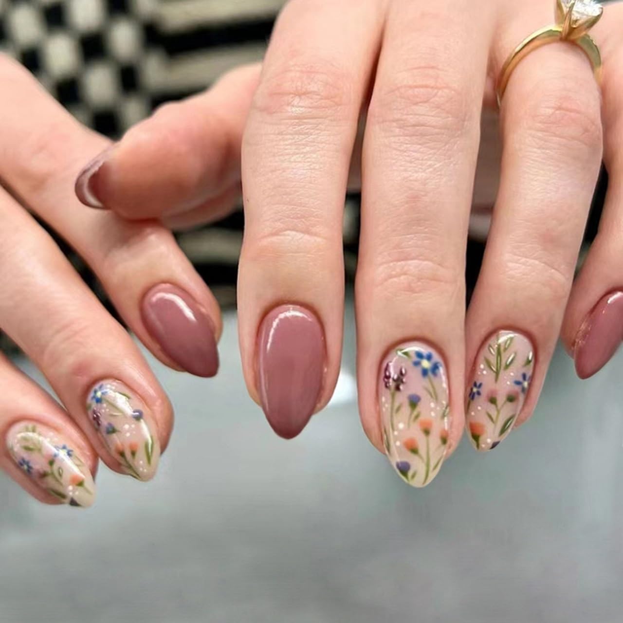 6 Packs (144 Pcs) Almond Press on Nails Kit - Short Flower & Medium Leaf Fake Nails with Nail Glue | 12 Sizes & 6 Styles for Women | Perfect for Parties, Weddings, Daily Wear & DIY Nail Art