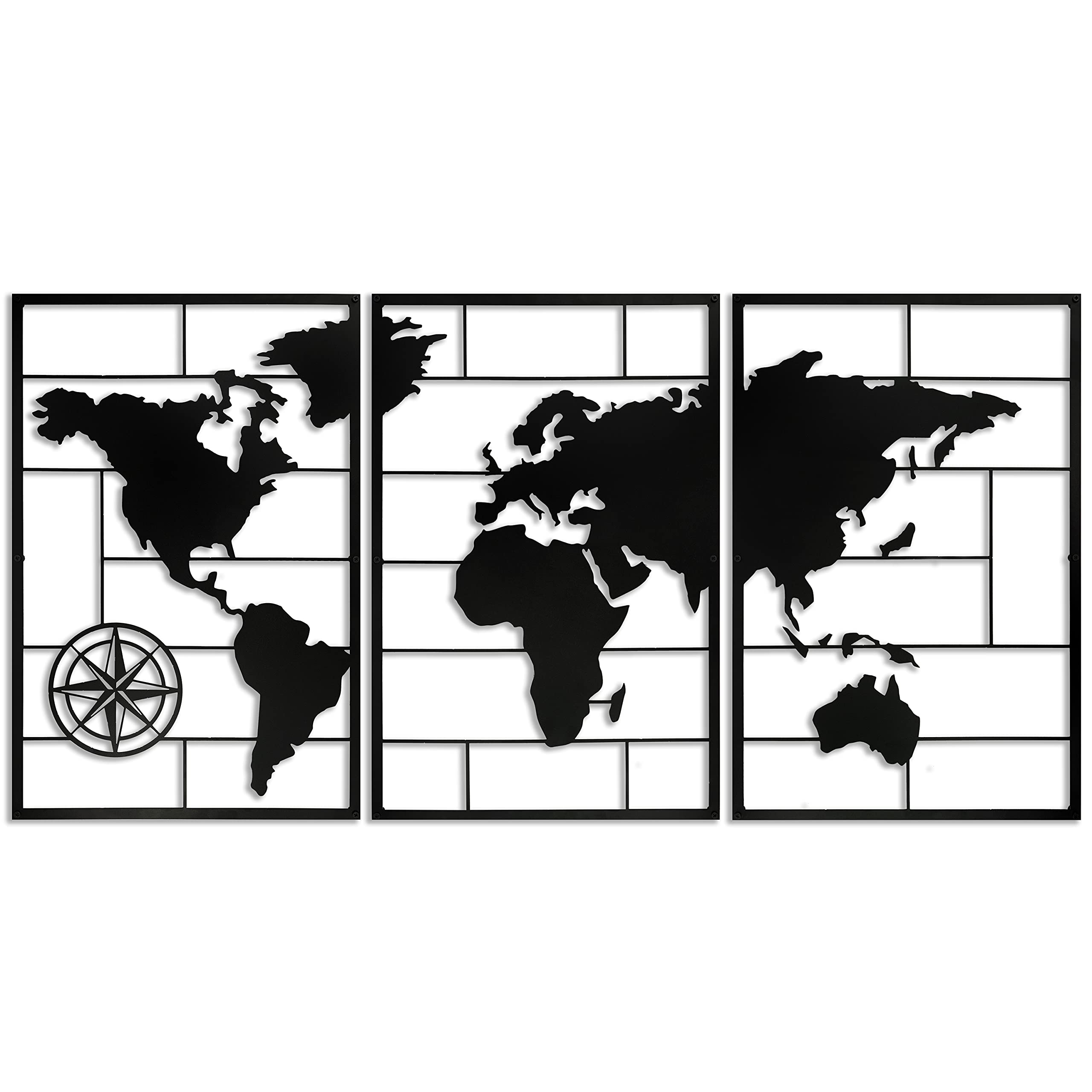 Baupor 3-Piece Black Metal World Map Wall Art Set - 47