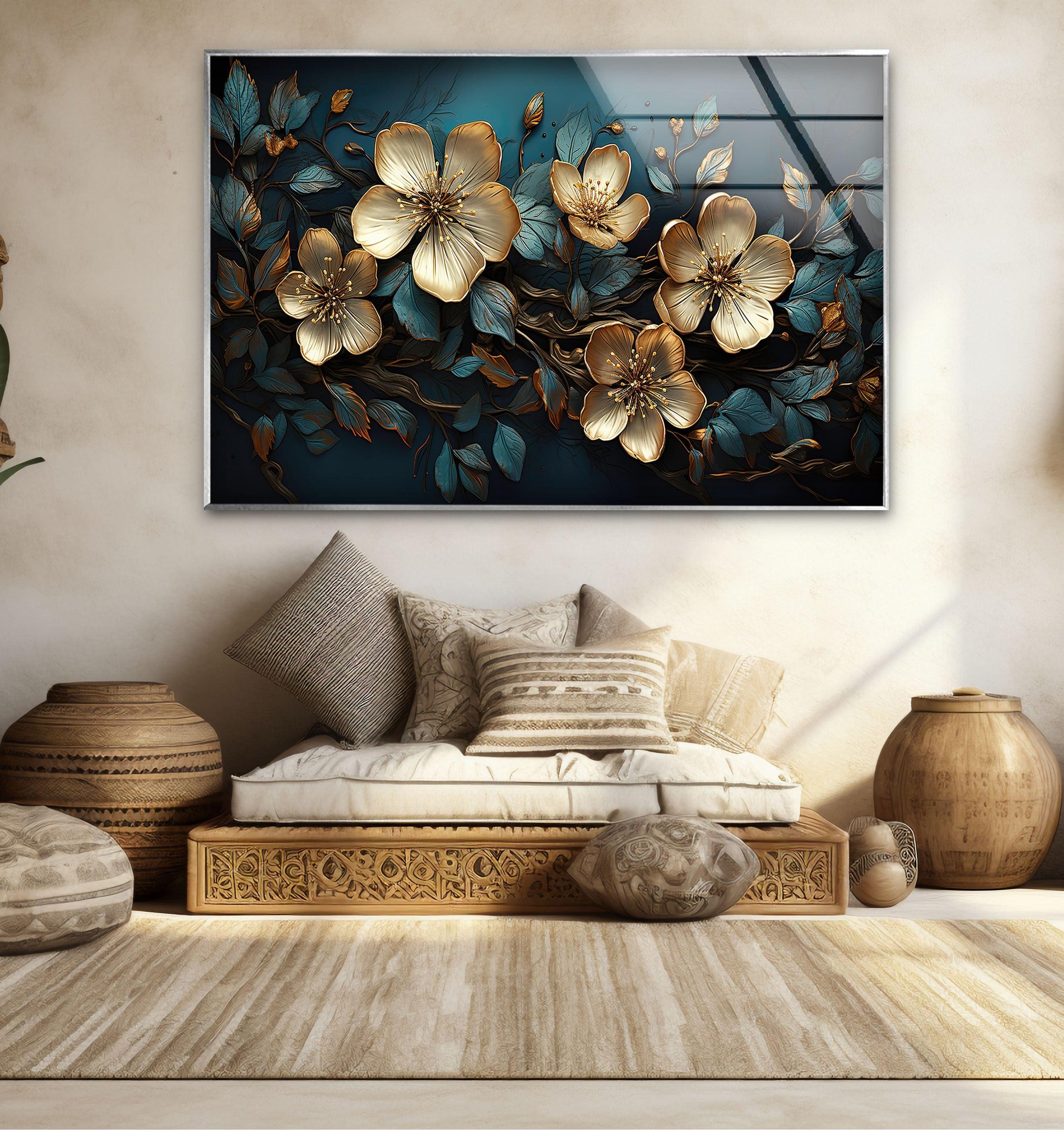 Beige & Blue Botanical Glass Wall Art - Elegant Home Decor for Living Room, Bedroom & Office - Perfect Gift for Housewarming & Wedding