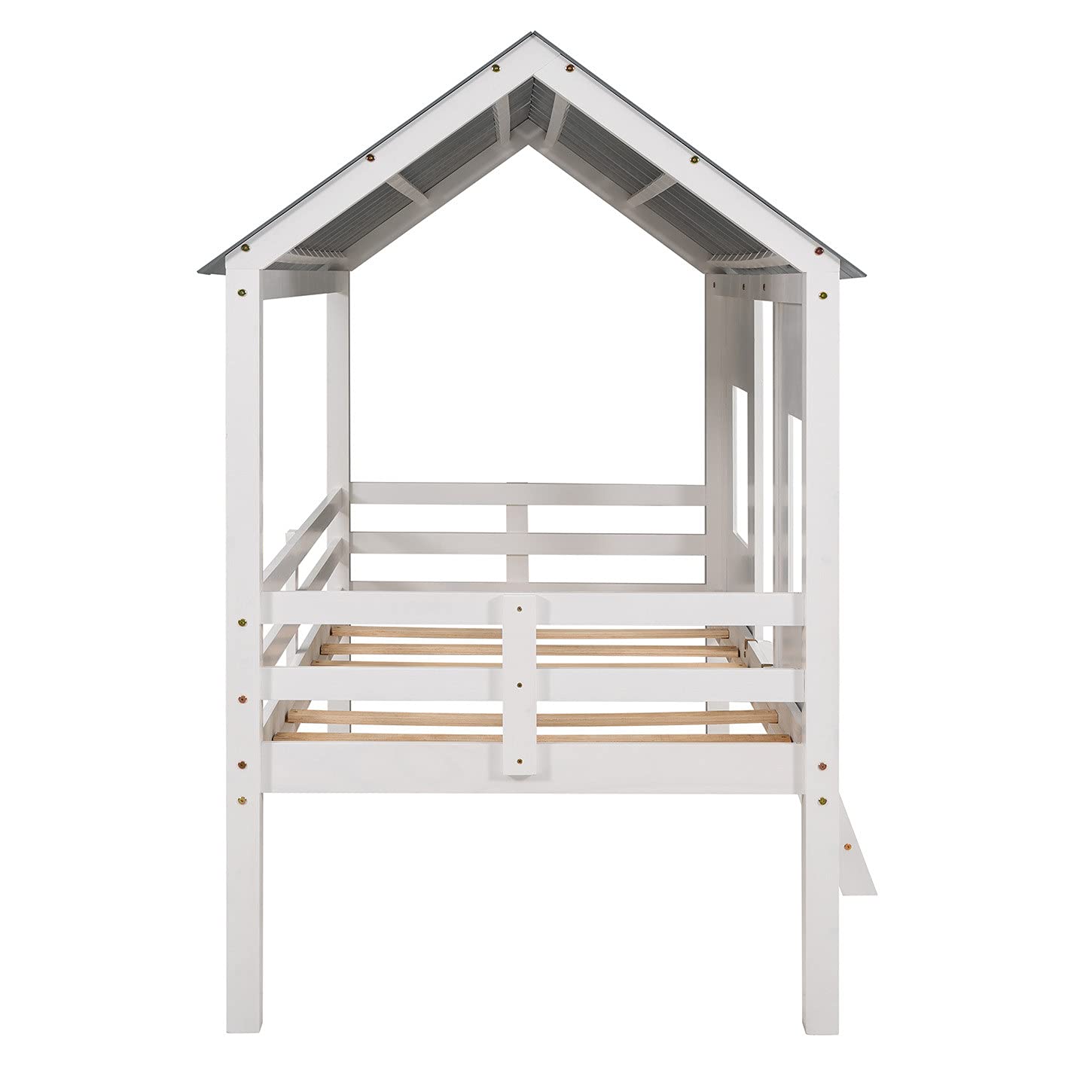 Wooden Bunk Bed with Roof, Window & Guardrail - Kids Loft Bed with Ladder for Toddlers & Teens | Easy Assembly Wood House Bed for Bedrooms, Playrooms & Dorm Rooms