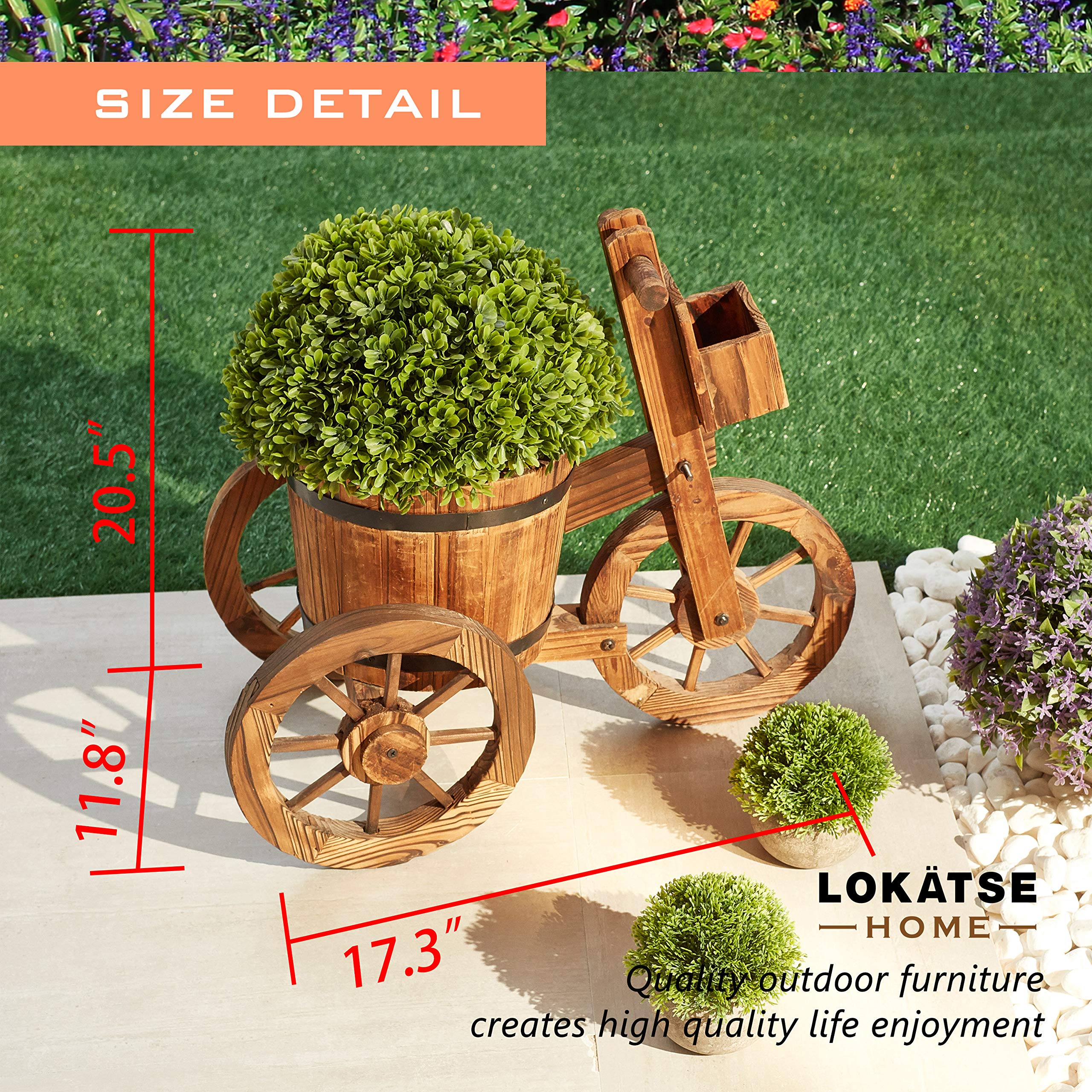 LOKATSE HOME Wooden Barrel Tricycle Planter Wagon - Rustic Garden Decor for Outdoor & Indoor Use - Perfect for Flowers, Plants, and Home Decoration - Brown