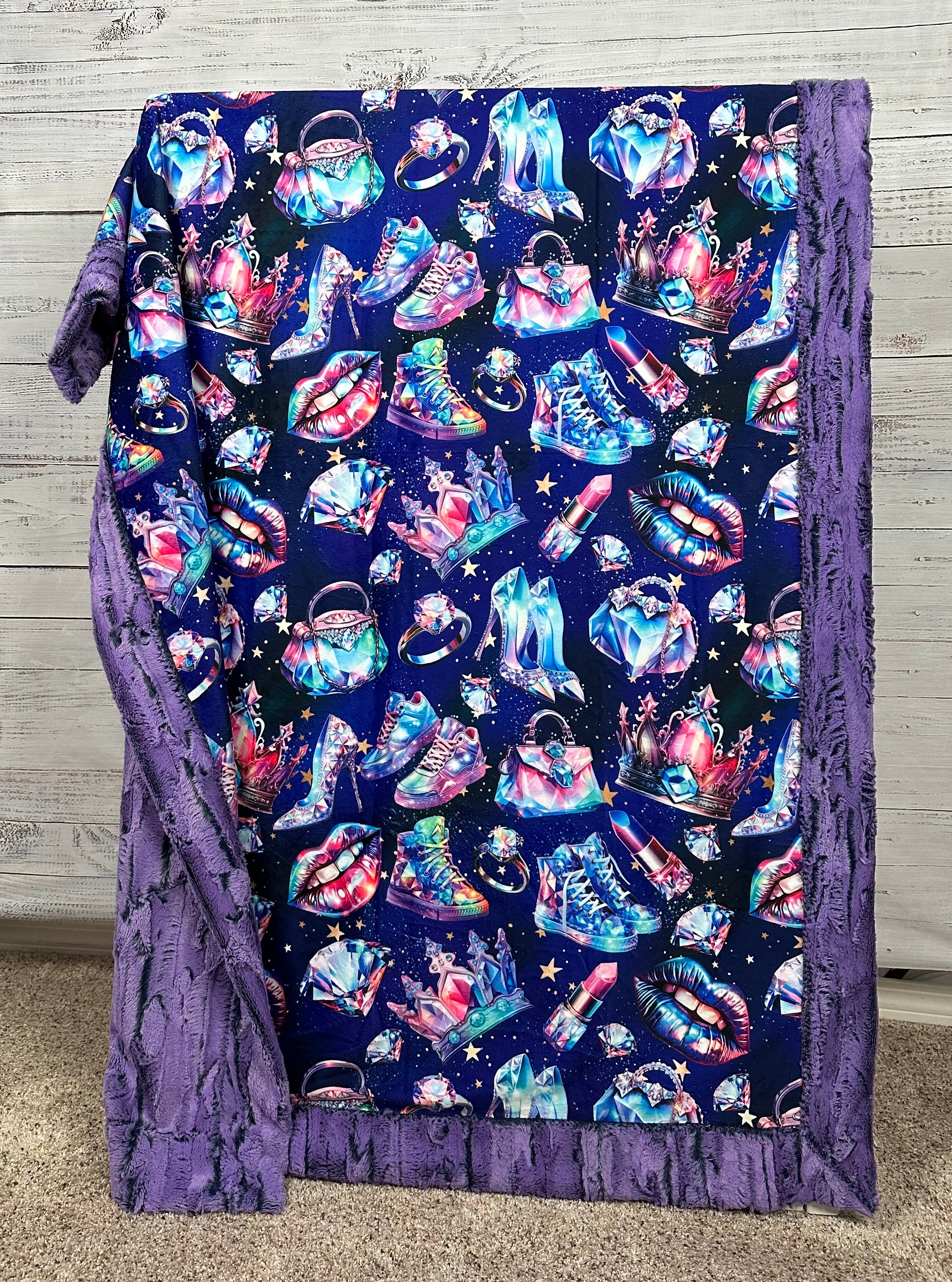 Luxury Jewel Luxe 41x60 Minky Blanket with Pillowcase for Kids & Toddlers - Sparkling Tiaras, Diamonds & Sneakers Design | Perfect for Nursery, Bedtime & Gift Giving