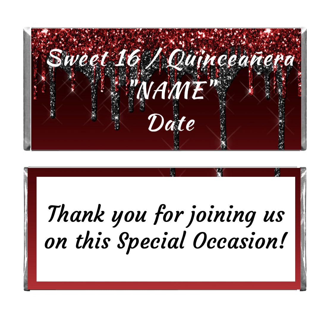 Personalized Custom Red & Black Glitter Chocolate Bar Wrappers & Foils for Anniversary, Quinceañera, Birthday Parties - 24 Pack (Candy Not Included) | Perfect for Wedding Favors, Baby Showers & Special Events