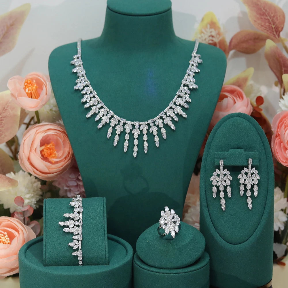 Luxury Geometric Zircon 4PCS Jewelry Set for Women - Dubai Indian African Bridal Necklace Earrings Set - Perfect for Weddings, Parties & Special Occasions