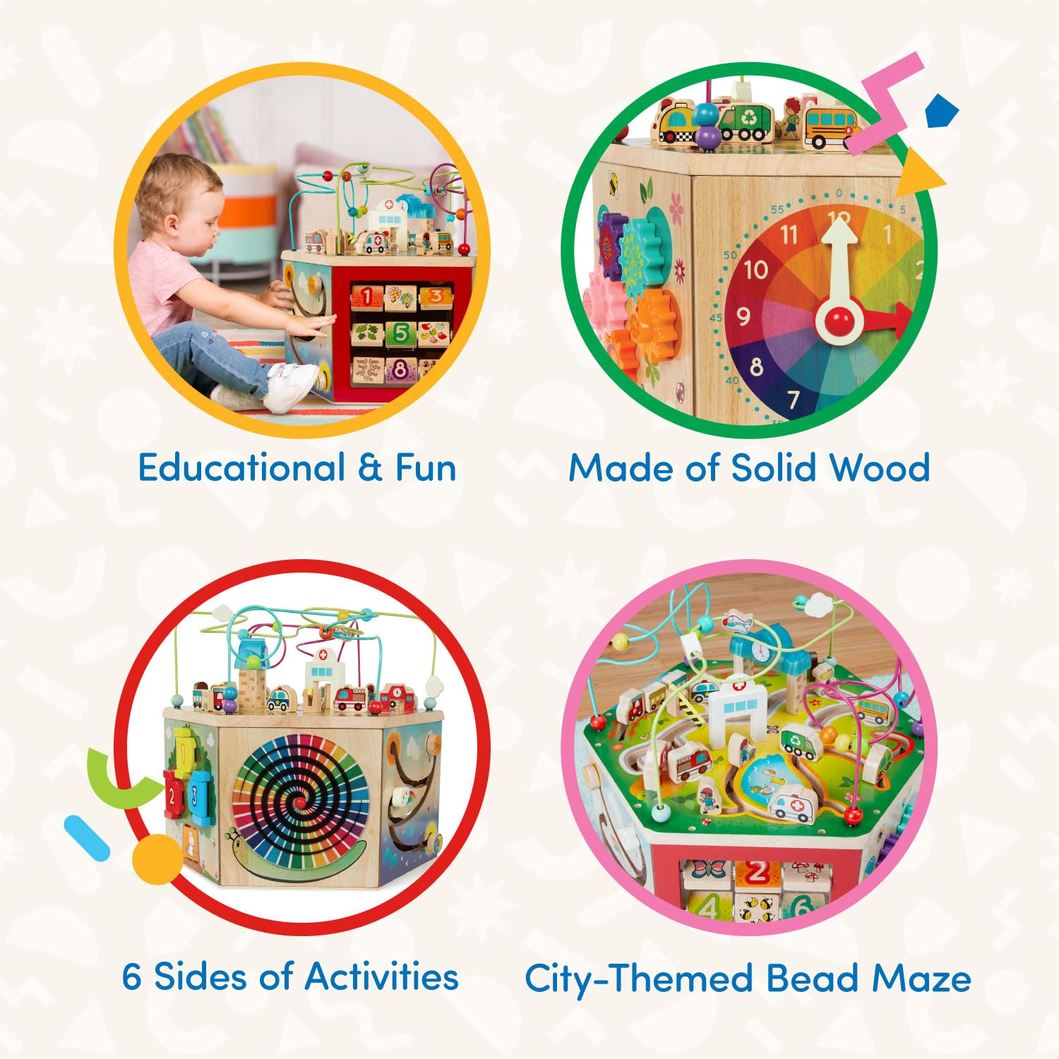 Battat Wooden Activity Cube - City-Themed Educational Toy for Toddlers & Kids 1 Year+ | Learning & Play Center for Preschool Development | Perfect for Daycare, Home & Classroom Use