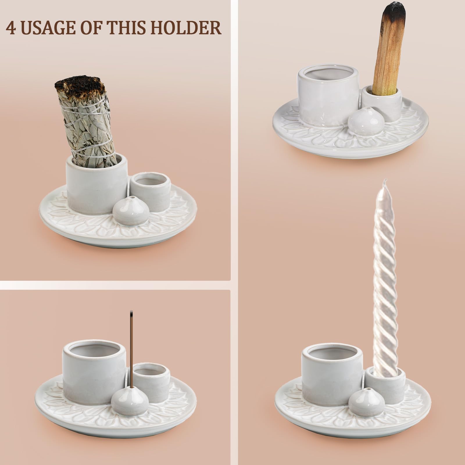 4 in 1 Ceramic Incense Burner Holder - Sage Smudging, Palo Santo & Candle Holder with Ash Catcher Tray for Meditation, Yoga, Home Decor & Spiritual Cleansing Rituals