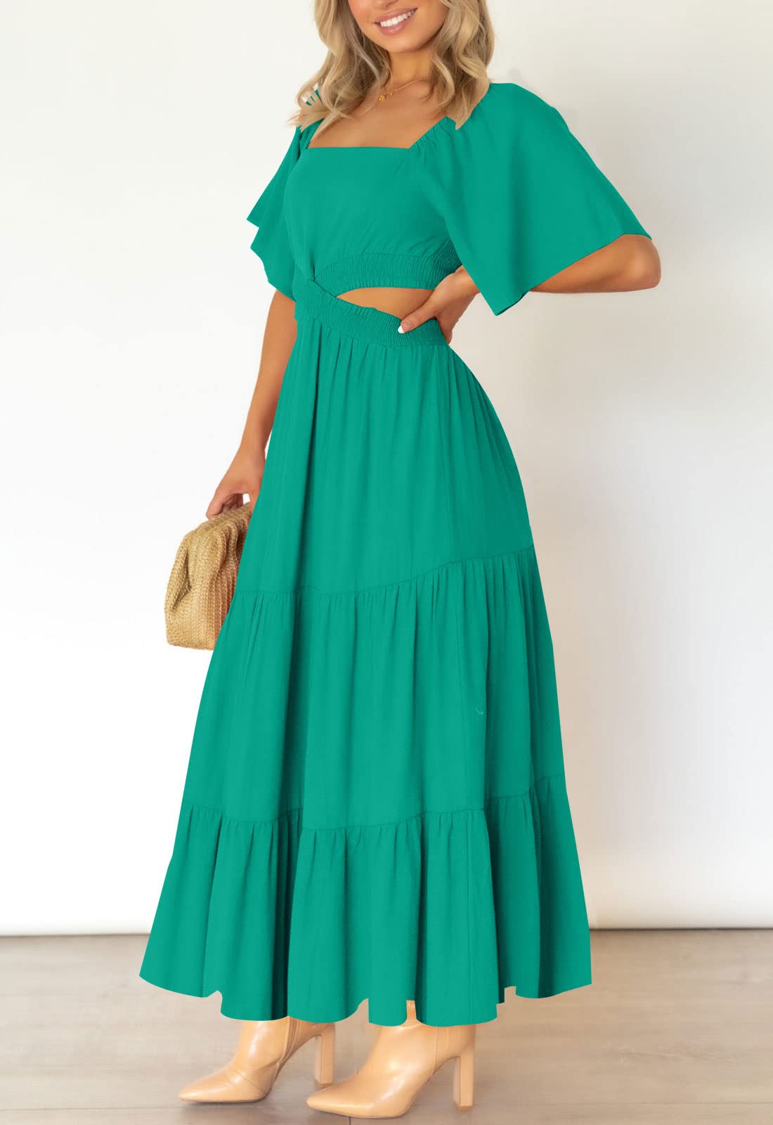 LEANI Women's 2025 Summer Cutout Maxi Dress - Square Neck Short Sleeve Crossover Waist Flowy Beach Dress for Casual Wear, Party & Vacation
