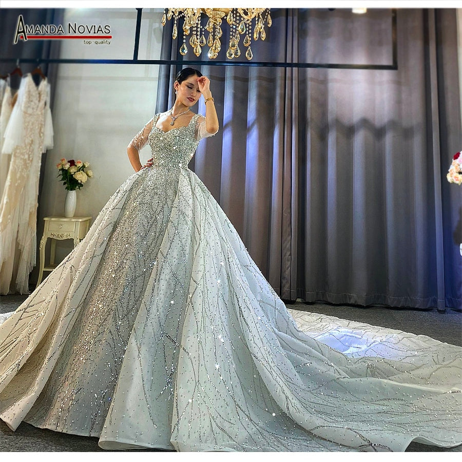 Off-White Silver Beaded Wedding Dress - Amanda Novias Original Bridal Gown for Bride | Perfect for Church Ceremony, Beach Wedding & Formal Reception