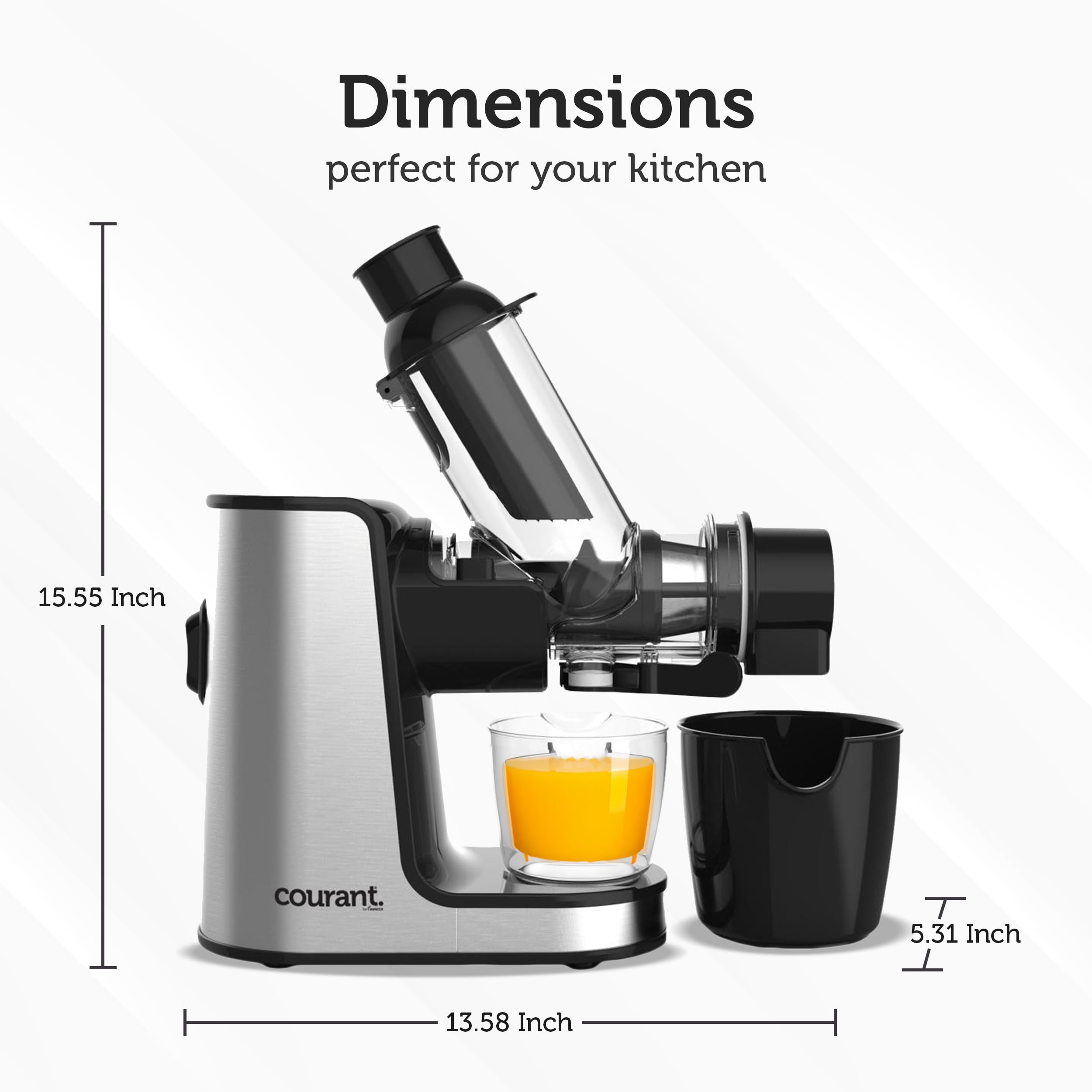 Premium Courant Masticating Slow Juicer - Horizontal Cold Press Juicer for Fruits & Vegetables | 3-Inch Wide Feeding Chute | High Juice Yield | Easy Clean & Reverse Function | Stainless Steel | Perfect for Healthy Juicing, Detox & Weight Loss at Home