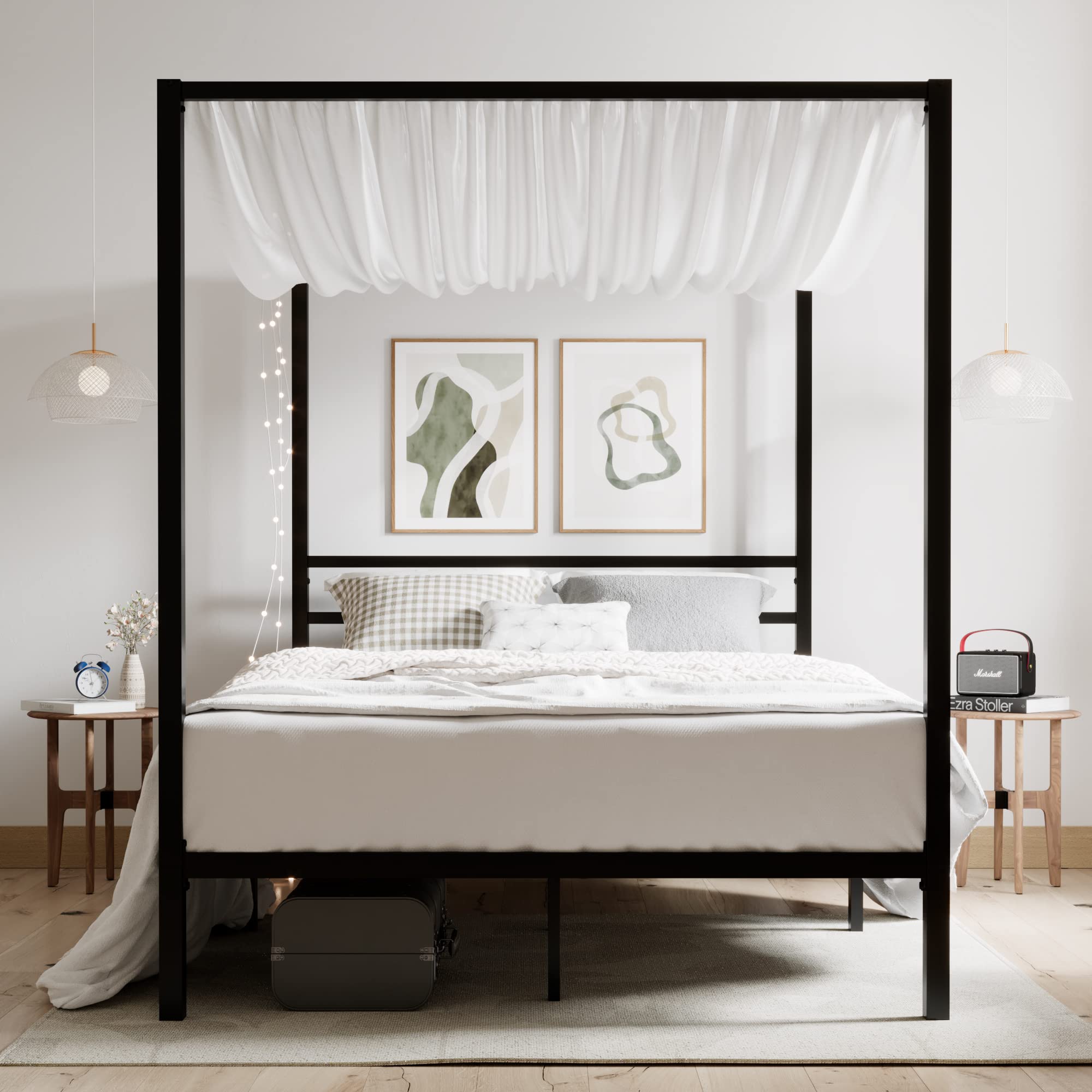 ikalido Queen Size Metal Canopy Bed Frame - Modern Four Poster Platform Bed with Mattress Foundation & Under Bed Storage | No Box Spring Needed | Black | Perfect for Master Bedrooms, Guest Rooms & Modern Apartments