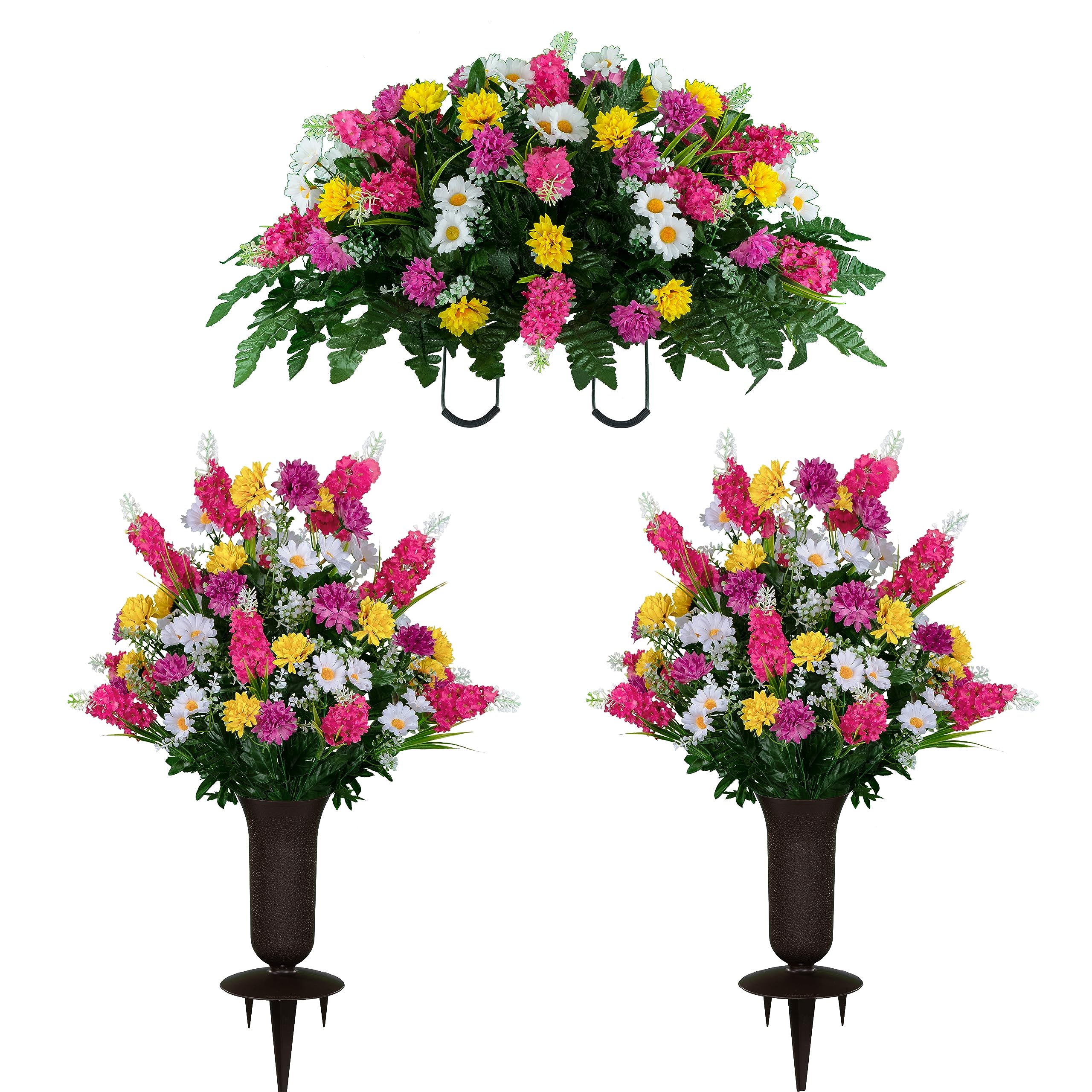 Sympathy Silks Artificial Cemetery Grave Decorations - 2 Pink Yellow Wildflower Bouquets, 1 Matching Saddle, and 2 Vases Included | Memorial Flowers for Graveside, Headstone Decor, Funeral Arrangements & Cemetery Visits